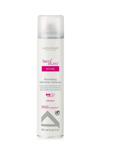 Alfaparf Лак для создания объема, придающий блеск Semi Di Lino Illuminating Volumizer Hair Spray 250 мл73 Alfaparf Лак для создания объема, придающий блеск Semi Di Lino Illuminating Volumizer Hair Spray 250 мл73Alfaparf Semi DiLino Illuminating Volumizer Hair Spray Лак для создания объёма, придающий блеск разработан специально для создания впечатляющей объёмной причёски с эффектом блеска. Лак содержит микрокристаллы, которые не только делают волосы блестящими, сохраняя их цвет, но и способствуют созданию надёжной защиты причёски от всех негативных влияний окружающей среды. Специальные компоненты, входящие в состав лака Альфапарф SDL Illuminating Volumizer придают волосам удивительный блеск, делая их красивым и привлекательными, а также мягкими, облегчая процесс расчёсывания. Данное средство не содержит в составе таких вредных веществ, как парафины, сульфаты, аллергены и минеральных масел.Альфапарф Semi Di Lino Illuminating Volumizer Hair Spray подходит для всех типов волос.Степень фиксации: средняя фиксация.