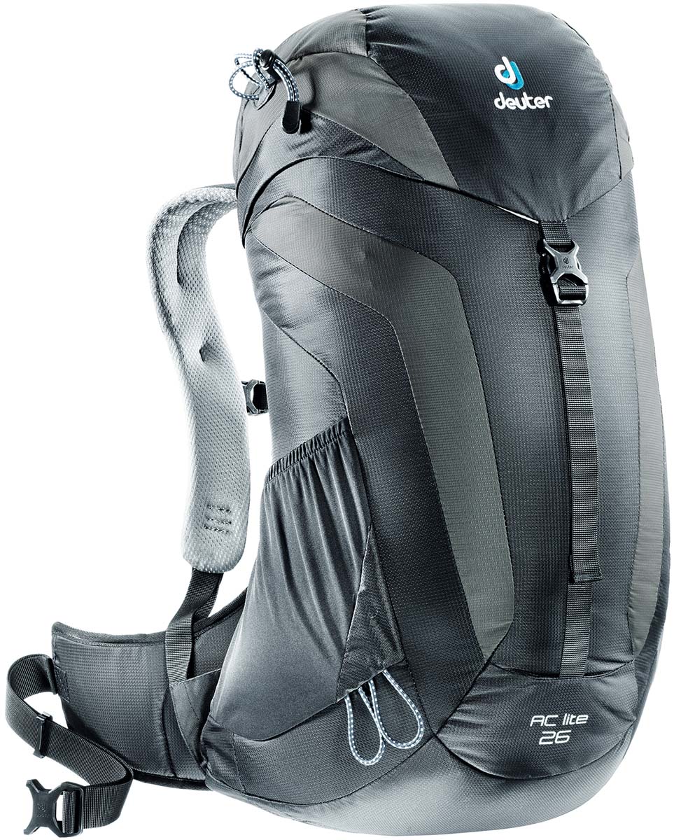Рюкзак Deuter AC Lite 26, цвет: черный, темно-серый, 26 л3420316_7410 Рюкзак Deuter AC Lite 26, цвет: черный, темно-серый, 26 л3420316_7410Компактный, спортивный рюкзак идеально подходит для людей, предпочитающих пешие прогулки. Система подвески AirComfort с великолепной вентиляцией и легкие материалы в конструкции делают рюкзак настолько удобными, что вы забудете, что у вас за спиной рюкзак.Особенности: - система Aircomfort Advanced- анатомические мягкие плечевые лямки обшитые сетчатой тканью 3D AirMesh- карман в верхнем клапане- карман для мелких вещей на молнии- удобная застёжка с одной пряжкой- отражатель 3M- петли для телескопических палок- боковые сетчатые карманы- совместимость с системой снабжение питьевой водой- встроенные съёмный чехол от дождяПлечевые лямки имеют анатомическую форму, подбиты мягкой подкладкой. Прочный упругий стальной каркас обеспечивает гибкость и легкость конструкции, а также натягивает вентиляционную сетку. Прочная сетка Aircomfort обеспечивает удобство и вентиляцию высшего класса: нагретый телом воздух свободно рассеивается с трёх сторон. Размеры рюкзака: 58 х 32 х 20.