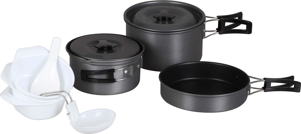 Набор посуды Сплав Non-stick, 11 предметов5108758 Набор посуды Сплав Non-stick, 11 предметов5108758Набор посуды Сплав Non-stick отлично подойдет для приготовления пищи в походе на 2-3 человек. Набор компактно складывается и не занимает много места. Изделия легко моются, а твердый защитный слой, полученный при анодировании, защищает поверхность от коррозии и царапин. Кастрюли и сковородка изготовлены из анодированного алюминия. Специальные крышки ускоряют процесс приготовления пищи и предохраняют ее от насекомых и мелкого мусора. Ручки складываются, позволяя компактно упаковывать посуду. Кроме металлической посуды в комплект входят: губка для мытья посуды, сетчатый мешочек для хранения, а также изготовленные из полипропилена ложка-лопатка, половник и три глубокие тарелки, которые при необходимости, могут послужить кружками.Состав набора:Малая кастрюля с крышкой и складной ручкой: диаметр: 155 мм, высота: 80 мм, объем: 1000 мл.Средняя кастрюля с крышкой и складной ручкой: диаметр: 170 мм, высота: 95 мм, объем: 1500 мл.Сковородка со складной ручкой: диаметр: 175 мм, высота 40 мм.Глубокая тарелка, 3 шт: диаметр: 120 мм, высота: 50 мм.Складной половник, 1 шт: размер: 90 х 50 мм.Ложка-лопатка, 1 шт: размер: 135 х 55 мм.Сетчатый мешок для переноски и хранения - 1 шт.Количество предметов: 11 шт.Общий вес: 750 г.