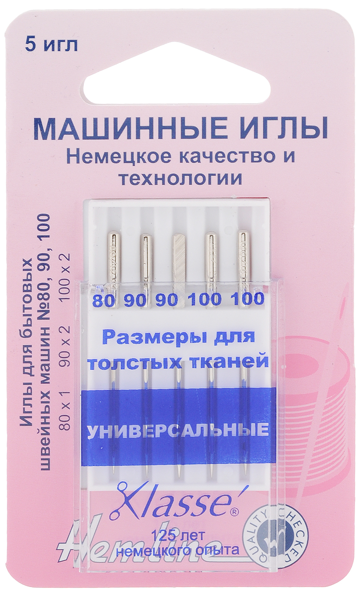 Набор игл для швейных машин Hemline, универсальные, №80, 90, 100, 5 шт100.992 Набор игл для швейных машин Hemline, универсальные, №80, 90, 100, 5 шт100.992Универсальные иглы Hemline идеально подходят для всех тканых материалов, в основном для хлопка и синтетики. Иглы имеют небольшой закругленный кончик, что делает их универсальными в использовании с различными видами тканей. Подходят для всех швейных машин, включая Bernina, Brother, Bernette,Elna, Husgsvarna, Janome, New Home, Pfaff, Simplicity, Singer, Toyota, Viking и других.Изделия выполнены их высококачественной стали и упакованы в пластиковый футляр.Комплектация: 5 шт. Размер игл: №80, 90, 100.
