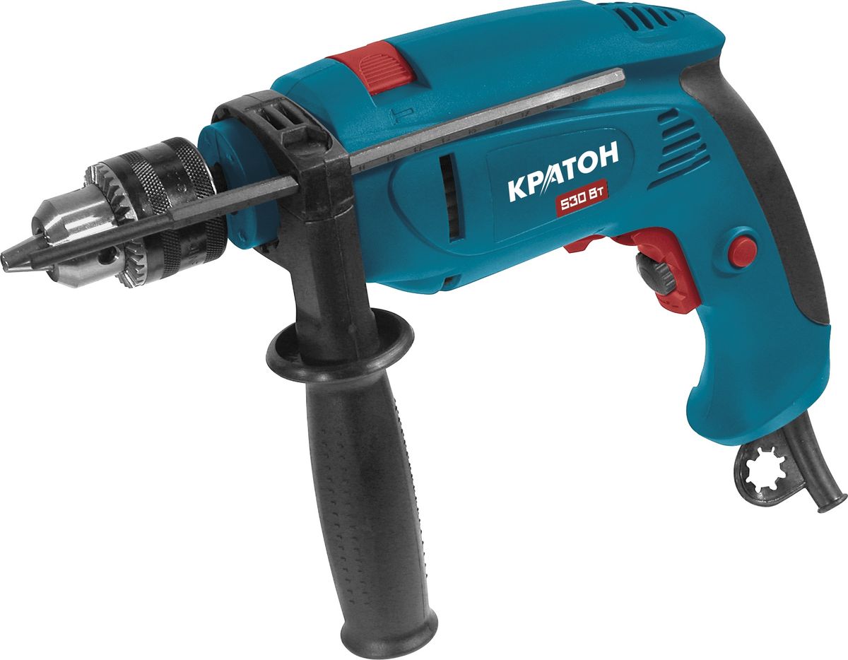 Дрель ударная Кратон PD-530K13 02 01 007 Дрель ударная Кратон PD-530K13 02 01 007Конструктивные особенности:Электронный регулятор частоты вращения;Переключатель направления вращения (реверс);Фиксатор кнопки пуска;Ударный механизм;Поворотная дополнительная рукоятка;Ограничитель глубины сверления; Технические характеристики:Номинальная мощность 530 Вт;Частота вращения шпинделя 0-2600 об/мин;Частота ударов 0-41600 уд/мин;Резьба шпинделя 1/2;Рабочий диапазон патрона 1,5-13 мм;Тип патрона ключевой;КОМПЛЕКТНОСТЬ:Набор сверел - 1 шт;Рукоятка дополнительная 1 шт;Ограничитель глубины сверления 1 шт;Ключ для патрона 1 шт.
