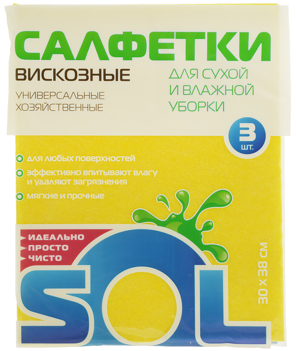 Салфетка для уборки Sol из вискозы, универсальная, цвет: желтый, 30 x 38 см, 3 шт10002/10054_желтый Салфетка для уборки Sol из вискозы, универсальная, цвет: желтый, 30 x 38 см, 3 шт10002/10054_желтыйСалфетки для уборки Sol, выполненные из вискозы, предназначены для уборки и могут применяться с различными моющими средствами. Эффективно впитывают жидкость. Мягкие и прочные, легко отжимаются и быстро сохнут.Рекомендации по уходу: Для обеспечения гигиеничности уборки после применения прополоскать в теплой воде.Для продления срока службы не применять машинную стирку, не гладить и не кипятить.