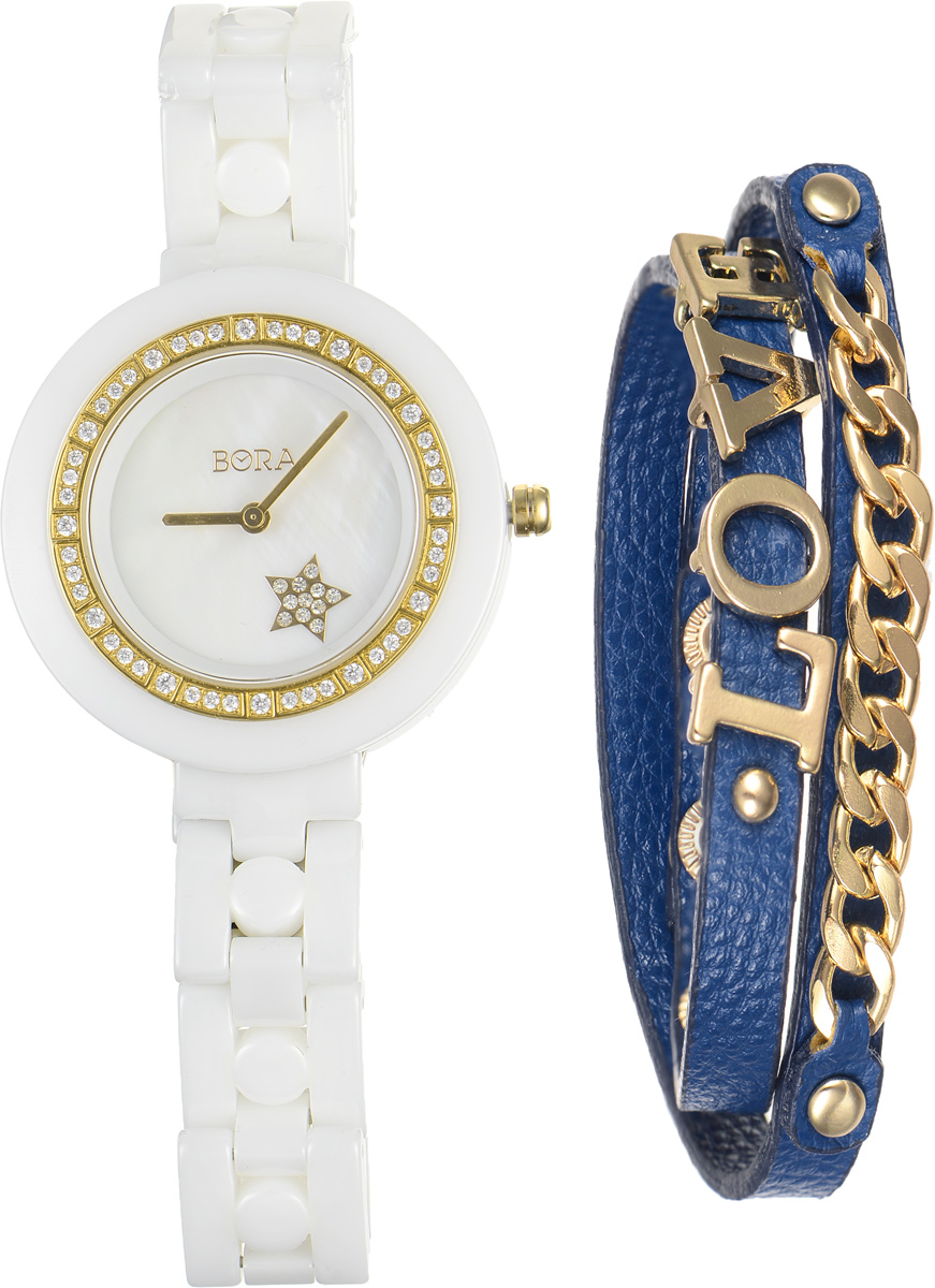 Часы наручные женские Bora, с браслетом, цвет: белый, золотой, синий. T-B-6712