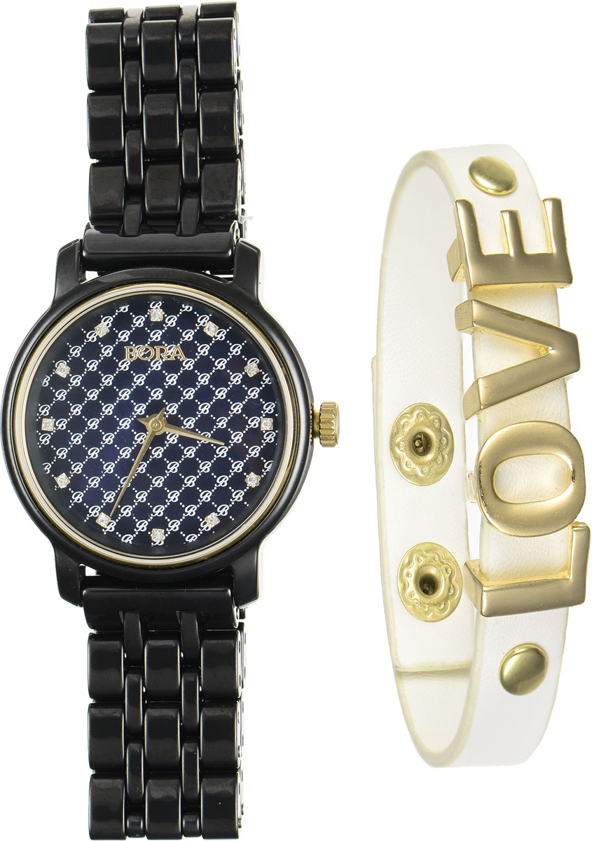 Часы наручные женские Bora, с браслетом, цвет: черный, молочный, золотой. T-B-6718