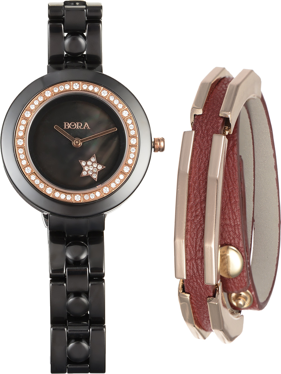Часы наручные женские Bora, с браслетом, цвет: черный, золотой, бордовый. T-B-9642