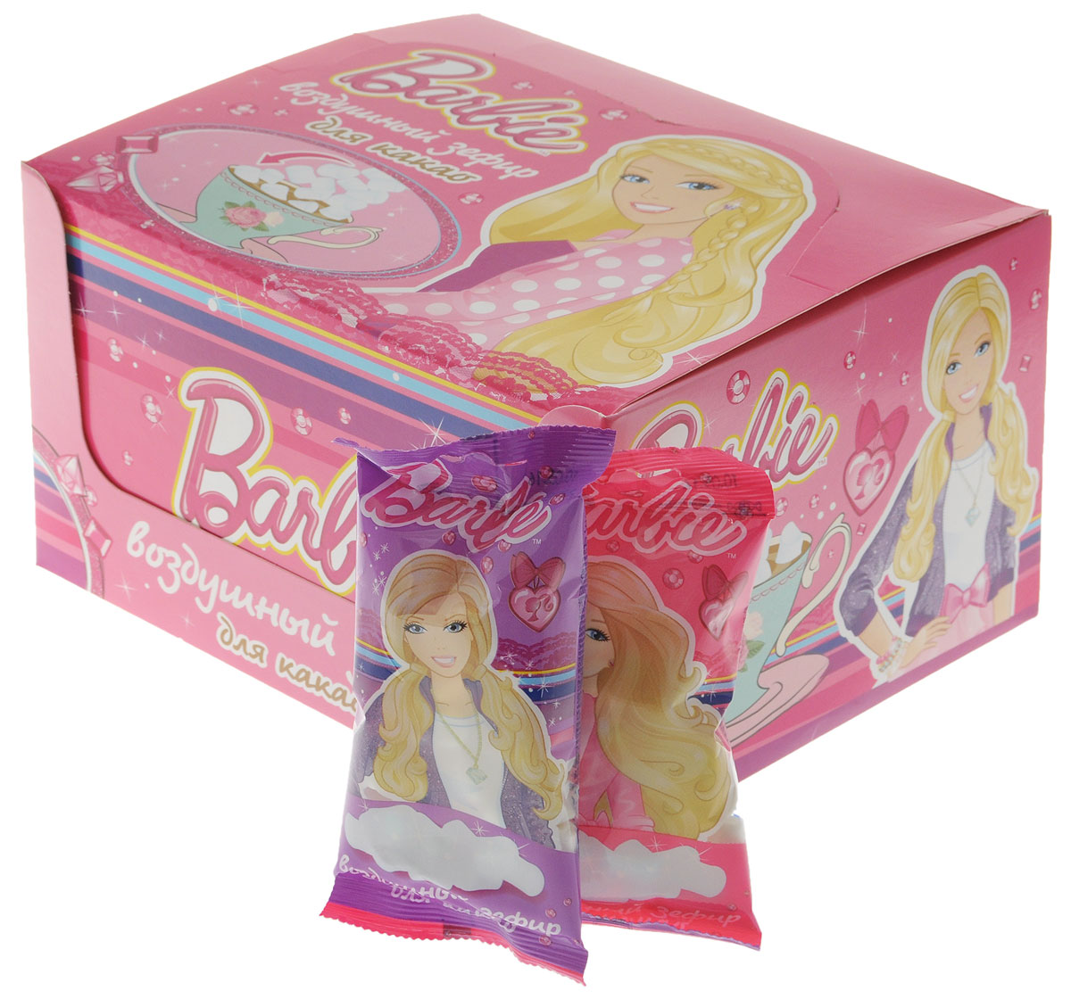 Зефирюшки Barbie воздушный зефир для для какао, 360 г (24 шт)ZF-12-2/BA Зефирюшки Barbie воздушный зефир для для какао, 360 г (24 шт)ZF-12-2/BAВ европейских странах маршмеллоу – самый трендовый десерт десятилетия.Тающие зефирки в фруктовых салатах, ими украшают пирожные и торты. А жарка воздушного зефира на костре - настоящая походная традиция, украшающая каждый семейный пикник.
