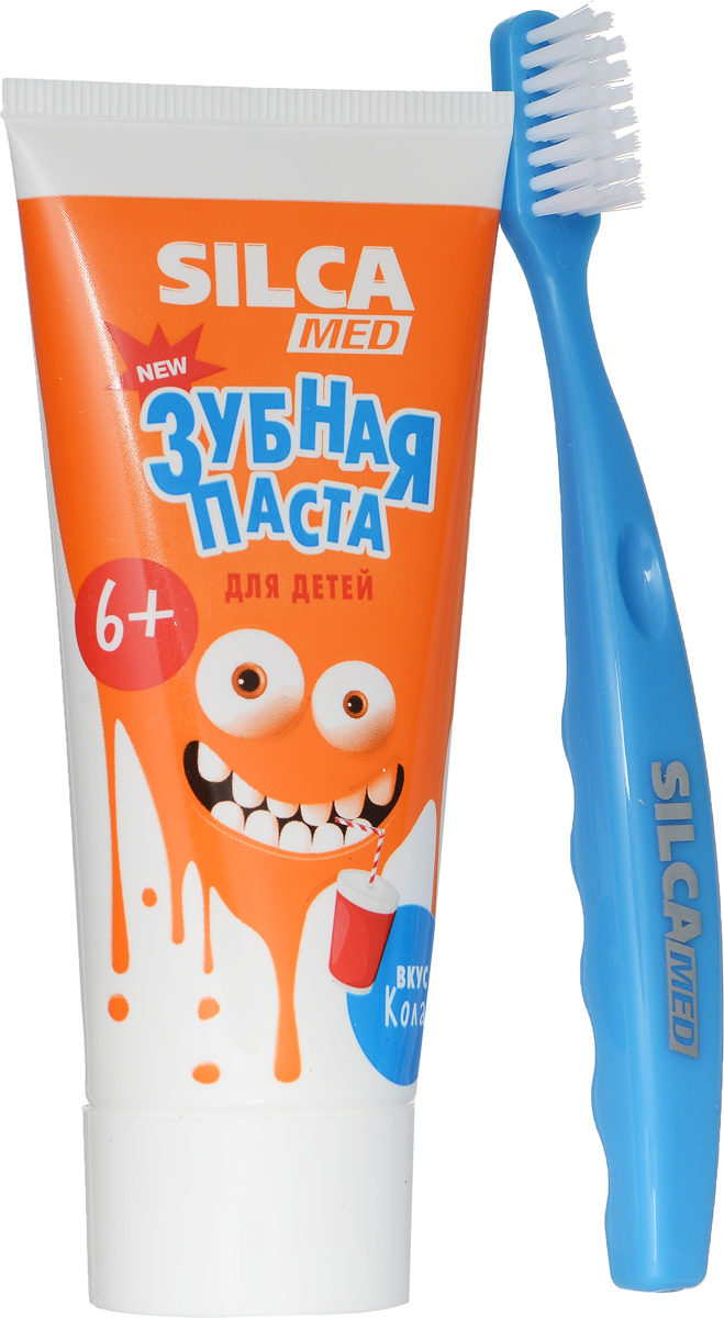 Silca Med Зубная паста детская со вкусом колы + Зубная щетка с 6 лет цвет голубой600033_голубой Silca Med Зубная паста детская со вкусом колы + Зубная щетка с 6 лет цвет голубой600033_голубойЗубная паста Silca Med подойдет для детей с начавшейся заменой молочных зубов. Активный кальций укрепляет эмаль, а фтор надежно защищает от кариеса. Липа и ромашка снижают дискомфорт десен, мягко ухаживают за полостью рта.Зубная щетка с головкой оптимальной формы идеально подходит для детей с 2 лет. Щетина изготовлена из высококачественного волокнаи имеет специальные закругления на концах, чтобы не травмировать десны ребенка. Эргономичная ручка с волнистой поверхностью обеспечит надежную фиксацию пальчиков.Товар сертифицирован.