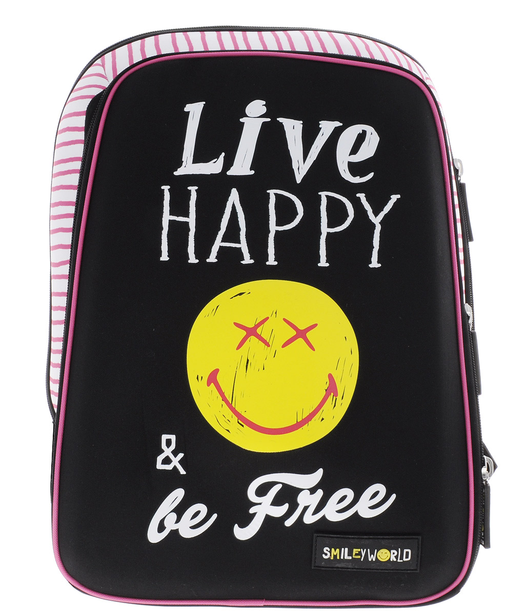 Proff Ранец школьный Smiley Girl цвет черныйSG16-HBP-02 Proff Ранец школьный Smiley Girl цвет черныйSG16-HBP-02Школьный ранец Proff Smiley Girl станет для вашего ребенка надежным спутником в получении знаний. Ранец с жестким корпусом выполнен из прочного полиэстера и оформлен улыбающимся смайликом. Ранец содержит два вместительных отделения, закрывающихся на молнии с двумя бегунками. Внутри основного отделения находятся две мягкие перегородки с хлястиком на липучке. Внутренняя стенка ранца и одна из стенок перегородки имеют мягкую внутреннюю поверхность, имитирующую плюш, для переноски ноутбука или планшета. Внутри второго отделения находятся карман-сетка на молнии, большой открытый карман, два фиксатора для канцелярских и пишущих принадлежностей, и два открытых накладных кармашка под мелочи и прикрепленное с помощью пластикового карабина кольцо для ключей. Бегунки на внешних застежках дополнены прорезиненными держателями. Конструкция ортопедической спинки ранца разработана по специальной технологии, позволяющей уменьшить нагрузку на спину. Ранец оснащен широкими мягкими лямками, регулируемыми по длине, которые равномерно распределяют нагрузку на плечевой пояс, и удобной прорезиненной ручкой для переноски в руке. Дно ранца дополнено двумя широкими пластиковыми ножками, которые помогут уберечь его от загрязнений и продлить срок службы.