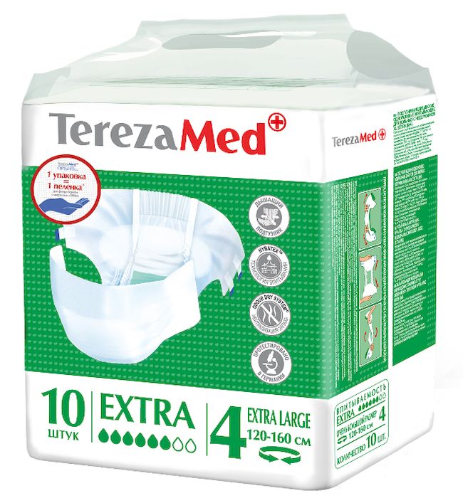 TerezaMed Подгузники для взрослых Extra Extra Large (4) 10 шт6267 TerezaMed Подгузники для взрослых Extra Extra Large (4) 10 шт6267Подгузники TerezaMed Extra. Extra Large предназначены для больных недержанием средней тяжести. Подгузник выполнен из мягкого дышащего материала, который пропускает пары влаги. Это позволяет коже пациента под подгузником дышать, а так же снижает риск появления опрелостей. Ядро подгузника состоит из натурального материала - целлюлозы, в которую добавлен суперабсорбент, впитывающий жидкость в больших количествах и обладающий свойством подавлять развитие неприятного запаха. Зеленый распределительный слой эффективно впитывает жидкость и распределяет ее внутри подгузника, тем самым снижая риск появления протечек. Крепление подгузника обеспечивается надежными липучками типа замочек, что позволяет многократно их приклеивать и отклеивать. Боковые бортики вокруг ног сделаны из гидрофобного материала и надежно запирают жидкость внутри. Размер талии пациента: очень большой, 100-170см. Количество в упаковке: 10 штук. Впитываемость: 2500 мл ±5%.