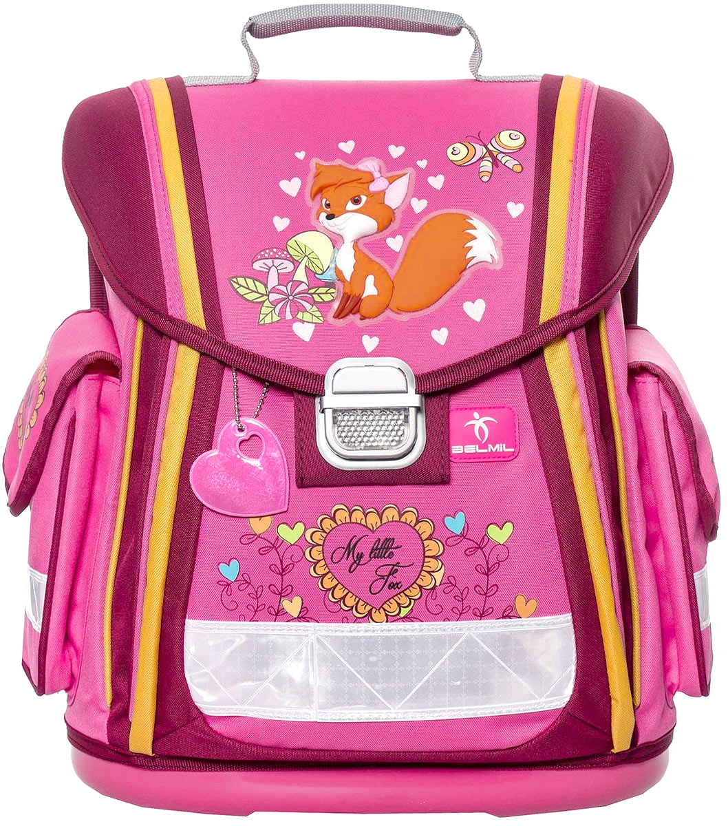 Belmil Ранец школьный Foxy 2404-5/438 Belmil Ранец школьный Foxy 2404-5/438Ранец Belmil Foxy изготовлен из современных материалов и дополнен объемной аппликацией. Ранец содержит три отделения, закрывающиеся клапаном с механическим замком-защелкой. Конструкция внутреннего пространства ранца Belmil подчинена принципам оптимального распределения нагрузки: тяжелые учебники следует располагать в ближнем отделении к спине. Под клапаном расположилось прозрачное окошко, предназначенное для расписания уроков, (имеется вкладыш для заполнения).Внутри основного отделения расположена мягкая перегородка для тетрадей или учебников. Второе и третье отделения закрываются дополнительным хлястиком на липучке. Второе отделение содержит два открытых накладных кармашка.Лицевая сторона ранца украшена брелоком-светоотражателем. Форма брелока может меняться в зависимости от поставки. По бокам ранца расположены два накладных кармана под клапанами с липучками. Анатомическая вентилируемая спинка ранца и широкие мягкие лямки, регулируемые по длине, равномерно распределяют нагрузку на плечевой пояс, способствуя формированию правильной осанки.Изделие дополнено текстильной ручкой с резиновой насадкой для удобной переноски в руке, широкой ручкой с плотной вставкой и петлей для подвешивания. Дно ранца выполнено из пластика, оно не деформируется, обеспечивает ранцу хорошую устойчивость и легко очищается от загрязнений.Светоотражающие элементы на фронтальной стороне, боковых карманах и лямках ранца обеспечивают дополнительную безопасность в темное время суток.