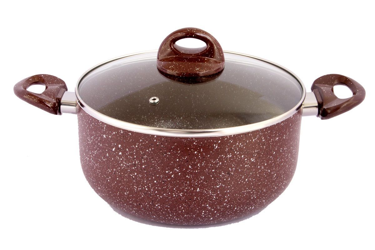 Кастрюля Pomi d’Oro Marrone с крышкой, с антипригарным покрытием, 4 л77.858@24039 / CL2402 Marrone Кастрюля Pomi d’Oro Marrone с крышкой, с антипригарным покрытием, 4 л77.858@24039 / CL2402 MarroneКастрюля Pomi dOro Marrone изготовлена из высококачественного алюминия с антипригарным покрытием. Она отлично проводит тепло и не впитывает в себя вредных для человека химических соединений. Мраморное покрытие отличается не только красивым внешним видом, но и устойчивостью к царапинам, долговечностью и прочностью.Кастрюля оснащена крышкой, изготовленной из стекла, и двумя удобными бакелитовыми ручками. Прозрачность позволяет наблюдать за процессом приготовления.Это идеальный подарок для современных хозяек, которые следят за своим здоровьем и здоровьем своей семьи. Эргономичный дизайн и функциональность позволят вам наслаждаться процессом приготовления любимых, полезных для здоровья блюд.Кастрюля подходит для газовых и электрических плит.Высота стенки: 13 см.Диаметр кастрюли: 25 см.Ширина кастрюли (с учетом ручек): 33,5 см.
