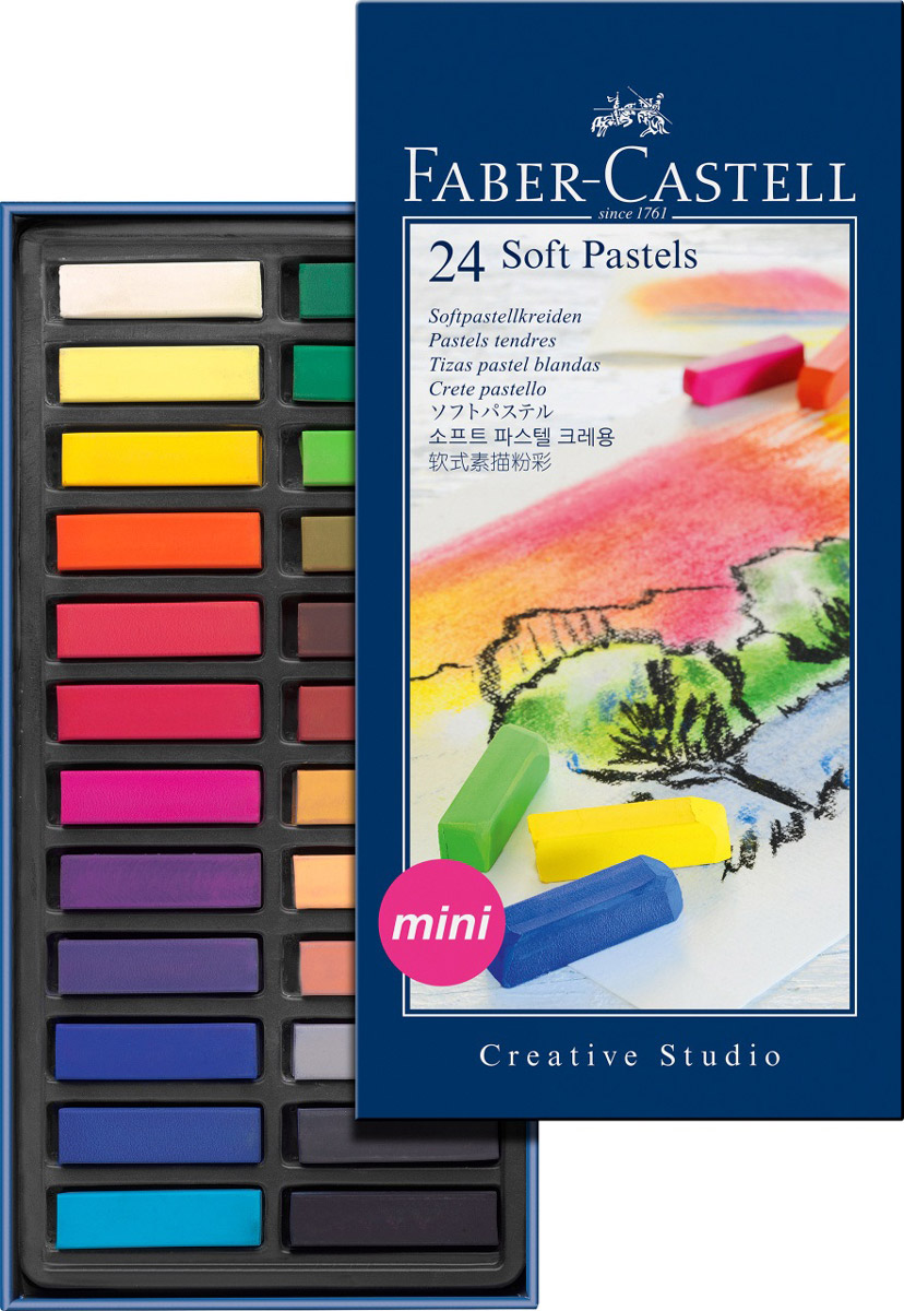 Faber-Castell Мягкие мини-мелки Studio Quality Soft Pastels 24 шт128224 Faber-Castell Мягкие мини-мелки Studio Quality Soft Pastels 24 шт128224Набор Faber-Castell Studio Quality Soft Pastels содержит мягкие мини-мелки квадратной формы 24 цветов. Мелки великолепного качества не крошатся при работе, обладают отличными кроющими свойствами, обеспечивают хорошее сцепление с поверхностью, яркость и долговечность изображения. Мягкими мелками Faber-Castell Studio Quality Soft Pastels можно рисовать в любой технике, сочетая их с цветными карандашами и красками.
