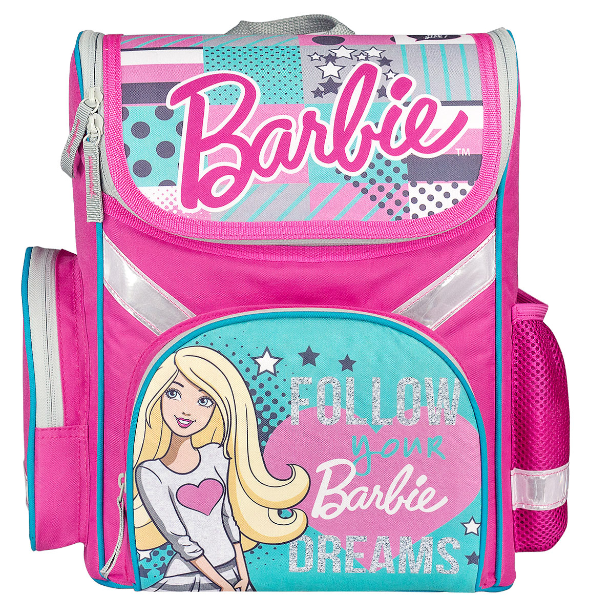 Barbie Ранец школьный Follow DreamsBRDB-MT1-113F Barbie Ранец школьный Follow DreamsBRDB-MT1-113FШкольный ранец Barbie выполнен из современного легкого и прочного полиэстера. Ранец дополнен ярким изображением куклы Барби.Изделие имеет одно основное отделение, закрывающееся клапаном на застежку-молнию с двумя бегунками. Внутри отделения расположены два мягких разделителя с утягивающей резинкой, предназначенные для тетрадей и учебников. На лицевой стороне ранца расположен накладной карман на молнии. По бокам ранца размещены два дополнительных накладных кармана, один на молнии, и один открытый.Анатомическая вентилируемая спинка ранца и широкие мягкие лямки, регулируемые по длине, равномерно распределяют нагрузку на плечевой пояс, способствуя формированию правильной осанки.Ранец оснащен текстильной ручкой для переноски.Многофункциональный школьный ранец станет незаменимым спутником вашего ребенка в походах за знаниями.Вес ранца без наполнения менее 1 кг.
