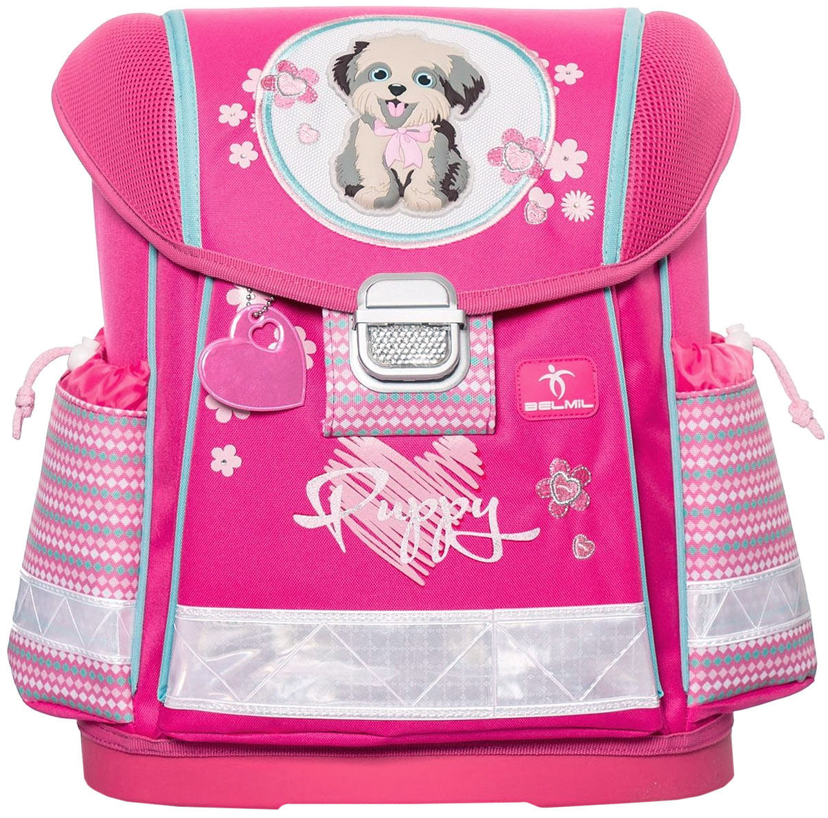 Belmil Ранец школьный Puppy403-13/406 Belmil Ранец школьный Puppy403-13/406Школьный ранец Belmil Puppy с анатомической спинкой из вентилируемого материала - это классическая модель ранца, которая так полюбилась школьникам. Ранец имеет одно вместительное отделение, оснащенное разделителями для учебников и тетрадей. Передний карман содержит два небольших кармашка для канцелярских принадлежностей. Основное отделение и передний карман закрываются на клапан с металлической защелкой. На внутренней поверхности клапана имеется прозрачный кармашек для расписания. По бокам ранца расположены открытые карманы с утяжкой шнуром. Рюкзак декорирован объемной аппликацией в виде щеночка и вышивкой. Анатомическая спинка надежно защищает позвоночник ребенка от перегрузки. Мягкие широкие и регулируемые лямки имеют систему распределения нагрузки, что также помогает сохранить осанку школьника. Прочная ручка с прорезиненной вставкой и петля для подвешивания обеспечивают удобство использования. Пластиковое дно надежно оберегает учебники и тетради от воды. Ранец легко закрывается на металлический замок со светоотражателем. Светоотражающие полоски по всему периметру ранца существенно повышают безопасность ребенка на дороге. К ранцу прилагается дополнительный брелок-светоотражатель.