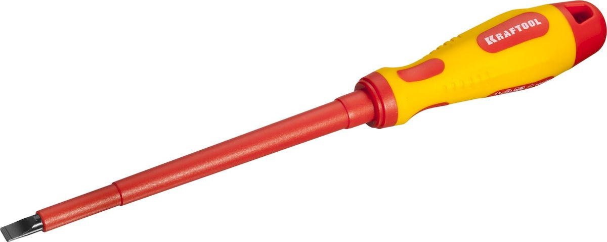 Отвертка Kraftool Expert, высоковольтная, SL 6,5, 1,2 х 150 мм250083-6.5-150 Отвертка Kraftool Expert, высоковольтная, SL 6,5, 1,2 х 150 мм250083-6.5-150Профессиональная диэлектрическая отвертка KRAFTOOL X-Drive серии EXPERT предназначена для работ с высочайшим уровнем безопасности под напряжением до 1000В. Отвертка оснащена эргономичной рукояткой с нескользящим покрытием и стержнем SlimFit для работы в труднодоступных местах.Длина рабочей части: 150 мм.Ширина рабочей части: 1,2 мм..
