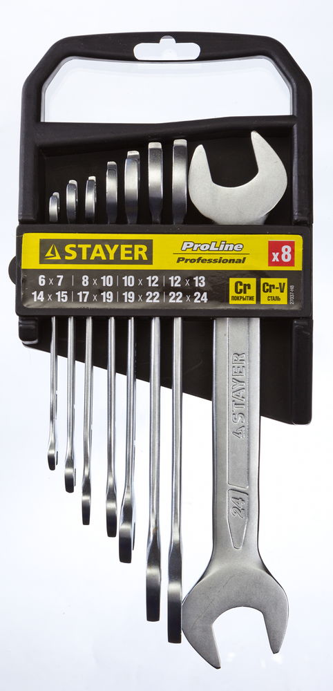 Набор ключей рожковых Stayer Professional, 8 предметов27037-H8 Набор ключей рожковых Stayer Professional, 8 предметов27037-H8Набор рожковых гаечных ключей Stayer Professional предназначен для профессионального применения в решении сантехнических, строительных и авторемонтных задач, а также для бытового использования. Ключи изготовлены из высококачественной хромованадиевой стали. В набор входят ключи: 6 х 7, 8 х 10, 10 х 12, 12 х 13, 14 х 15, 17 х 19, 19 х 22, 22 х 24 мм.