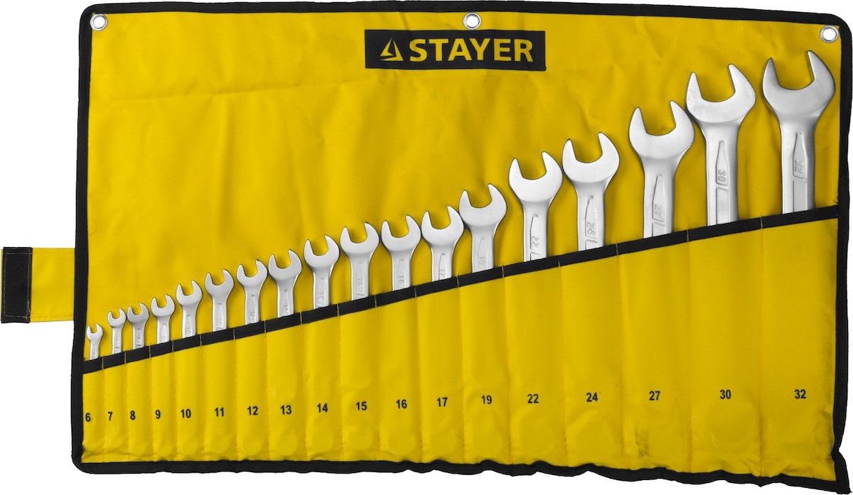 Набор ключей комбинированных Stayer Professional, 18 предметов27081-H18 Набор ключей комбинированных Stayer Professional, 18 предметов27081-H18Набор комбинированных гаечных ключей Stayer Professional предназначен для профессионального применения в решении сантехнических, строительных и авторемонтных задач, а также для бытового использования. Ключи изготовлены из высококачественной хромованадиевой стали.В набор входят сумка и ключи на 6, 7, 8, 9, 10, 11, 12, 13, 14, 15, 16, 17, 19, 22, 24, 27, 30, 32 мм.