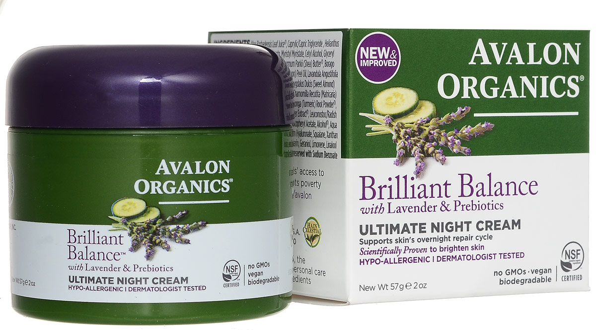 Avalon Organics Крем ночной Lavender Luminosity для лица, восстанавливающий, 57 млAV35315 Avalon Organics Крем ночной Lavender Luminosity для лица, восстанавливающий, 57 млAV35315Гипоаллергенный, активный крем Lavender Luminosity восстанавливает и поддерживает регенерацию и обновление кожи в ночное время. Наполняет кожу жизненной энергией, глубоко увлажняет, питает и эффективно способствует повышению синтеза коллагена. Быстро устраняет сухость и шелушения, способствует поддержанию гладкости, эластичности и нежности рельефа кожи на долгое время. При ежедневном применении заметноповышает упругость и поддерживает ровный, сияющий цвет и тон кожи, осветляет пигментные пятна и омолаживает кожу.Способ применения: наносить ежедневно вечером на очищенную кожу. Для более эффективного воздействия использовать после нанесения Лавандовой Обновляющей сыворотки. Характеристики: Объем: 57 мл.Производитель: США. Артикул: AV35315. Товар сертифицирован. Состав: сок алоэ вера, вода, С10- 18 триглицериды, масло подсолнечника, полиглицерил -6 дистеарат , глицерин, глицерилстеарат, глицерилстеарат цитрат, масло какао, масло лаванды, масло миндаля, масло бурачника, масло лайма, масло лимона, масло энотеры, масло косточек винограда, экстракты: арники, календулы, зеленого чая, ромашки, куркумы, солодки, лаванды, чайного гриба, белой ивы, аскорбиновая кислота, натрия гиалуронат, токоферол ацетат, ксантановая смола, сорбат калия, бензоат натрия, кумарин, лимонен, линалоол.