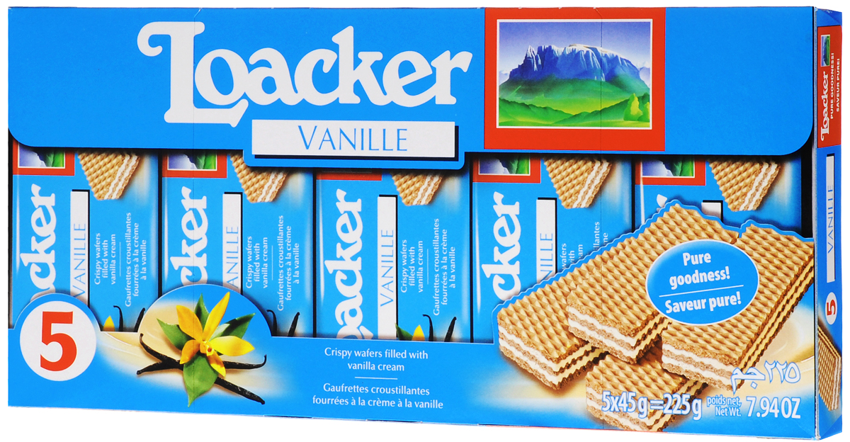 Loacker Vanille вафли, 225 г10054-040 Loacker Vanille вафли, 225 г10054-040Хрустящие вафли Loacker Vanille имеют множество поклонников во всем мире. 3 свежие вафли с 2 слоями нежнейшей ванильной начинки (75% продукта!) никого не оставят равнодушным. Для сладких моментов отдыха, в качестве десерта, на завтрак или просто перекусить - ванильные вафли идеальны.