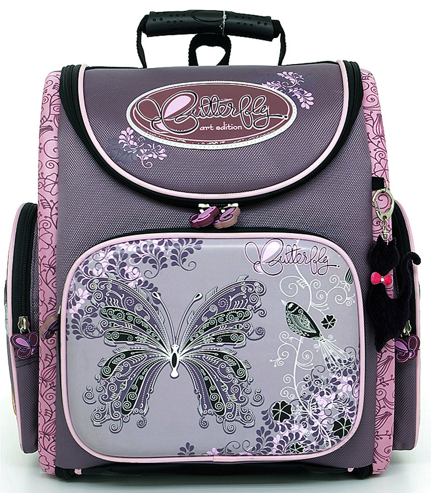 Ранец школьный Hummingbird Butterfly, цвет: фиолетовый, розовый. K34K34 Ранец школьный Hummingbird Butterfly, цвет: фиолетовый, розовый. K34K34Эргономичный школьный ранец с жесткой конструкцией Hummingbird Butterfly выполнен из современного пористого EVA материала, отличающегося легкостью и долговечностью. Изделие оформлено изображением бабочки и дополнено мягким брелоком в форме машинки, хлястики на бегунках молний выполнены также в форме бабочек.Ранец имеет одно основное отделение, закрывающееся на молнию. Ранец полностью раскладывается. Внутри главного отделения расположены: накладной сетчатый карман, два накладных кармана с жесткими стенками и резинкой-фиксатором, два накладных пластиковых кармашка. Пластиковые кармашки предназначены для расписания урокови для вкладыша с адресом и ФИО владельца(вкладыши для заполнения идут в комплекте). На лицевой стороне ранца расположен накладной карман на молнии, который содержит: пять накладных кармашков для письменных принадлежностей и мелочей (один из кармашков сетчатый на молнии), карабин для ключей и карман для телефона на липучке. По бокам ранца размещены два дополнительных накладных кармана на молниях.Рельеф спинки ранца разработан с учетом особенности детского позвоночника.Ранец оснащен эргономичной ручкой для переноски, двумя широкими лямками, регулируемой длины, и петлей для подвешивания. Дно ранца выполнено из натуральной кожи и защищено пластиковыми ножками.В комплекте с изделием поставляется мешок для сменной обуви, выполненный в единой цветовой гамме с ранцем. Мешок оснащен сетчатой вставкой.Многофункциональный школьный ранец Hummingbird Butterfly станет незаменимым спутником вашего ребенка в походах за знаниями.
