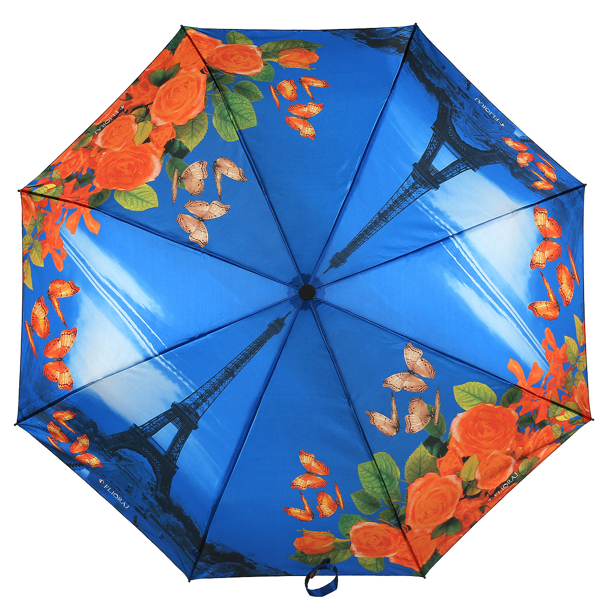 Зонт женский Flioraj, автомат, 3 сложения, цвет: синий, оранжевый. 231218 FJ