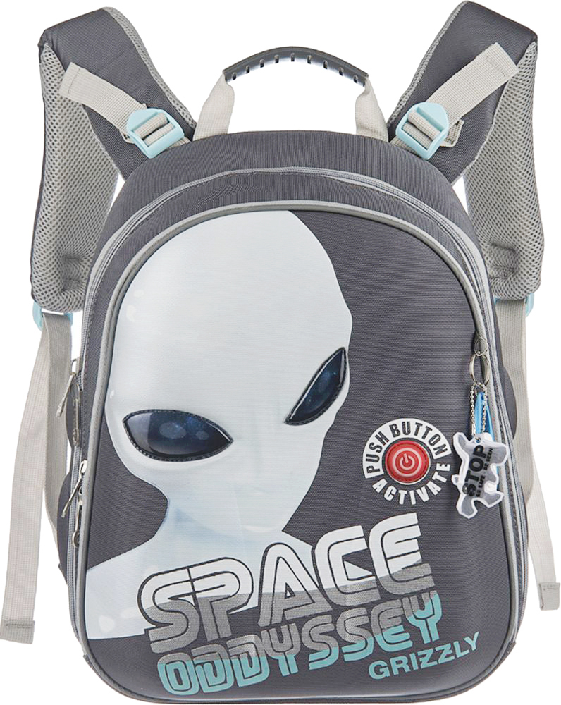 Grizzly Ранец школьный Space OddysseyRA-542-2/2 Grizzly Ранец школьный Space OddysseyRA-542-2/2Школьный ранец Grizzly Space Oddyssey подойдет всем, кто хочет разнообразить свои школьные будни. Ранец выполнен из материалов, которые отличаются устойчивостью к УФ-излучению и высокой морозоустойчивостью.Ранец имеет два основных вместительных отделения на застежках-молниях. В большом отделении расположены две мягкие перегородки для тетрадей и учебников. В другом отделении расположен органайзер для канцелярских принадлежностей, кармашек для мобильного телефона, два сетчатых кармана и лента с карабином для ключей.На лицевой стороне ранец декорирован карабином с мини-фонариком. Для удобной переноски в руке предусмотрена эргономичная ручка.Широкие регулируемые лямки и сетчатые мягкие вставки на спинке ранца предохранят мышцы спины ребенка от перенапряжения при длительном ношении. Высота посадки лямок может регулироваться благодаря специальным приспособлениям на спинке изделия.Ранец имеет легкую и устойчивую конструкцию. Прочное дно с пластиковыми ножками обеспечивает ранцу хорошую устойчивость и защиту от загрязнений. Многофункциональный школьный ранец станет незаменимым спутником вашего ребенка в походах за знаниями.Для работы фонарика рекомендуется докупить 4 батарейки типа AG3 (товар комплектуется демонстрационными).