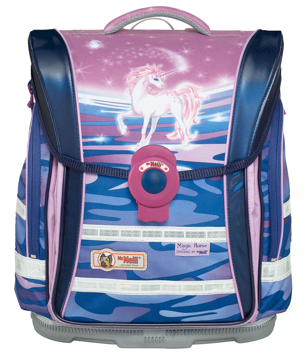 McNeill Ранец школьный Ergo Light Compact Единорог9604161000 McNeill Ранец школьный Ergo Light Compact Единорог9604161000Школьный ранец McNeill Ergo Light Compact Единорог станет для вашего ребенка надежным спутником в получении знаний.Ранец с жесткой спинкой выполнен из водоотталкивающего и высокотехнологичного материала и оформлен изображением сказочного персонажа.Ранец содержит вместительное отделение и закрывается клапаном с пластиковой защелкой. На внутренней части клапана находится пластиковый прозрачный кармашек, в который можно поместить расписание занятий или визитку с личными данными владельца.По бокам ранца находятся внешние карманы, застегивающиеся на застежки-молнии. На лицевой стороне под клапаном располагается дополнительный карман. Ранец дополнен текстильной ручкой для переноски и петлей для подвешивания.Конструкция ортопедической спинки ранца позволяет уменьшить нагрузку на спину ребенка. Ранец оснащен широкими мягкими лямками, регулируемыми по длине. Днище ранца выполнено из легкого, но прочного пластика, легко моется и позволяет продлить срок службы ранца.Светоотражающие элементы не оставят незамеченным вашего ребенка в темное время суток.