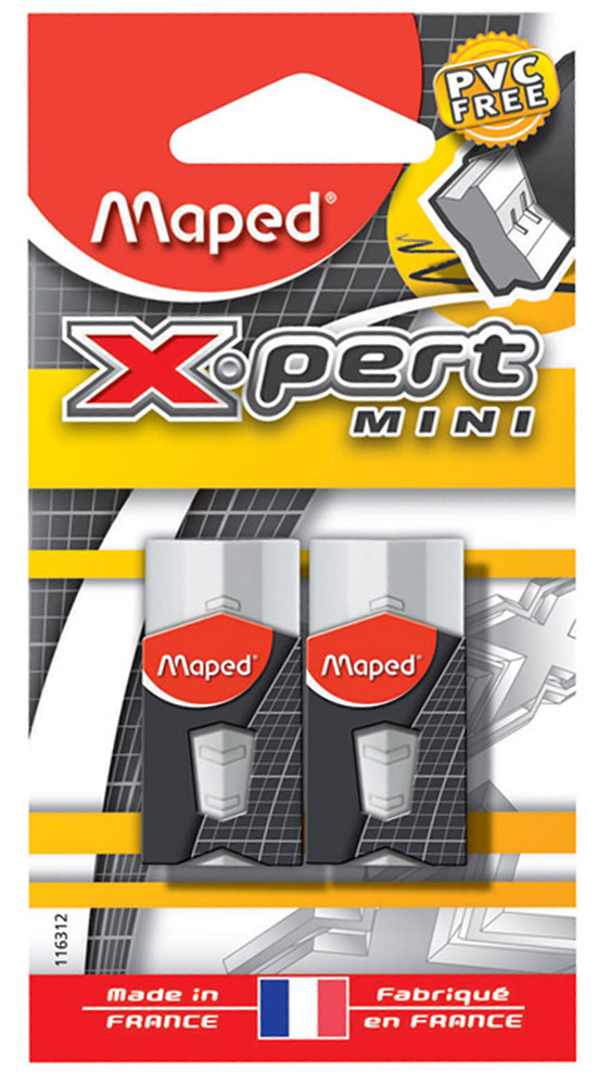 Maped Ластик Mini X-pert 2 шт116312 Maped Ластик Mini X-pert 2 шт116312Ластик Mini X-pert фигурной формы для более точного стирания легко и без следов удаляет с бумаги надписи, сделанныекарандашом любой твердости. Состав нового поколения гарантирует его эффективность. Не содержит ПВХ. Характеристики: Размер ластика: 1,7 см x 4 см x 1 см.
