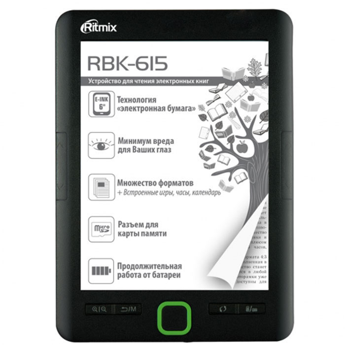 Ritmix RBK-615 электронная книга15118282 Ritmix RBK-615 электронная книга15118282Ritmix RBK-615 – это компактный электронный ридер с 6-дюймовым дисплеем E-Ink Carta и разрешением758 x 1024 пикселей, которая подарит вам ощущение чтения бумажной книги без вреда для глаз.Устройство поддерживает множество текстовых и графических форматов, а также имеет в своей памяти сборник произведений от древнерусских сказаний до классической литературы XX века. Плюс ко всему этому, в каждой упаковке вы найдете подарок - подарочную карту для скачивания книг на сайте Litres.ru.Ридер отличается тонким корпусом, лёгким весом, удобным расположением клавиш управления и длительным временем автономной работы без подзарядки, что позволяет брать его с собой куда угодно. Ritmix RBK-615 - ваш верный спутник и в дальнем пути, и по дороге на работу.Устройство выполнено в мягком покрытии SoftTouch, которое более устойчиво к мелким царапинам, приятно на ощупь и практически не скользит в руке.