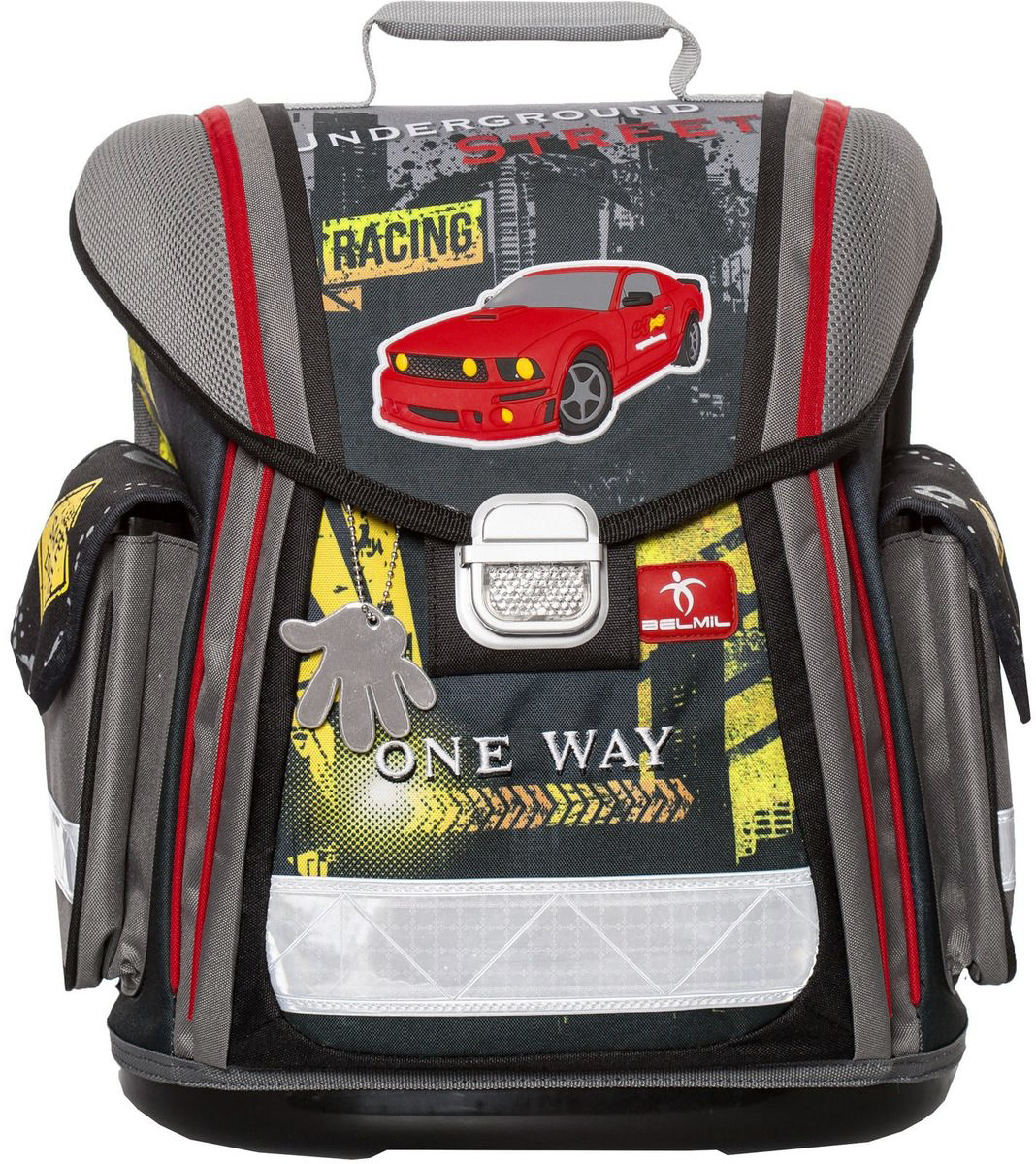 Belmil Ранец школьный One Way404-5/444 Belmil Ранец школьный One Way404-5/444Школьный ранец Belmil One Way выполнен из прочного и высококачественного полиэстера.Ранец содержит одно вместительное отделение, которое закрывается клапаном на застежку-защелку со светоотражателем. Внутри отделения имеется мягкая перегородка для тетрадей или учебников. Под клапаном на лицевой стороне находятся два открытых кармана, фиксирующиеся хлястиком на липучке. В одном кармане имеются два небольших открытых кармашка. Клапан полностью откидывается, что существенно облегчает пользование ранцем. На внутренней части клапана находится прозрачный пластиковый кармашек, в который можно поместить расписание занятий. Ранец имеет два боковых кармана, закрывающиеся клапанами на липучке.Жесткий каркас и анатомическая форма спинки способствуют равномерному распределению нагрузки и формированию правильной осанки. Конструкция спинки дополнена эргономичными подушечками, противоскользящей сеточкой и системой вентиляции для предотвращения запотевания спины ребенка. Мягкие широкие лямки позволяют легко и быстро отрегулировать ранец в соответствии с ростом. В нижней части лямок предусмотрены фиксаторы для куртки. Ранец оснащен эргономичной и текстильной ручками для удобной переноски в руке, а также петлей для подвешивания. Высокое пластиковое дно придает ранцу хорошую устойчивость и защиту от загрязнений. Светоотражающие элементы обеспечивают дополнительную безопасность в темное время суток. К ранцу прилагается брелок-светоотражатель.Многофункциональный школьный ранец станет незаменимым спутником вашего ребенка в походах за знаниями.Вес ранца без наполнения: 1100 грамм.Максимальный вес содержимого ранца - 9 кг.