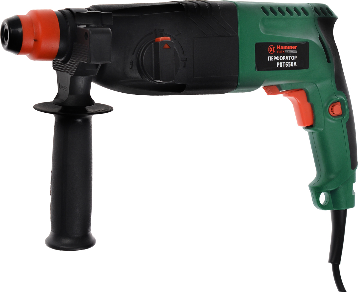 Перфоратор Hammerflex PRT650A, с бурами + ПОДАРОК: Пика319657 Перфоратор Hammerflex PRT650A, с бурами + ПОДАРОК: Пика319657Перфоратор HammerflexPRT650A подходит для использования как в быту, так и на производстве. Перфоратор предназначен для создания отверстий в металле, в дереве и других твердых материалах. В режиме сверление с ударом или долбление инструмент способен продолбить отверстие в бетоне, кирпиче, керамике. А если переключиться в режим завинчивание инструмент превращается в обычный шуруповерт, которым можно вкручивать саморезы. Отличная производительностьПри относительно не сложных видах работ, а также при эксплуатации инструмента на высоте вам необходим сравнительно легкий и производительный перфоратор. Именно таким является HammerflexPRT650A от производителя Hammer. Весом 3,3 кг, он снабжен мощным двигателем 650 Вт и длинным сетевым кабелем 3,3 м. Модель имеет функцию удара с энергией 2,2 Дж, частотой 4850 уд/мин, что делает его отличным убийцей бетона и кирпича. Долбить или сверлитьСамым популярным режимом большинства перфораторов является режим сверления с ударом, при котором рабочая оснастка получает одновременно оборотные и поступательные движения, таким образом делая отверстие в твердых материалах. В режиме удара (долбление) оборотные движения рабочего элемента отсутствуют, остаются только ударные, и перфоратор превращается в отбойный молоток, способный разрушать кирпич, камень и монолитные стены. SDS-патронУниверсальный патрон SDS-Plus позволяет закрепить зубило (и другие насадки) в разных положениях и обеспечивает удобную работу в труднодоступных местах. Диаметры сверленияДля надежной долговечной работы инструмента всегда необходимо знать максимальные рекомендуемые диаметры сверления определенных типов материалов, для HammerflexPRT650A это: по дереву – 30 мм, по металлу – 13 мм, по бетону (кирпичу) – 24 мм. Полезные мелочиВ Hammer Prt650a предусмотрен ряд дополнительных конструктивных решений для более удобной эксплуатации: ограничитель глубины, дополнительная рукоятка, реверс, регулировка частоты вращения, предохранительная муфта, блокировка кнопки включения. Состав набора: Перфоратор Hammerflex PRT650AБур Hammer Flex 201-107 SDS+ 6 X 110 мм. Бур Hammer Flex 201-108 SDS+ 6 X 160 мм. Бур Hammer Flex 201-113 SDS+ 8 X 210 мм. Бур Hammer Flex 201-116 SDS+ 10 X 160 мм. Бур Hammer Flex 201-124 SDS+ 12 X 260 мм. Пика Hammer Flex 201-301 DR CH SDS+ shank pointed 250 мм. Кейс.
