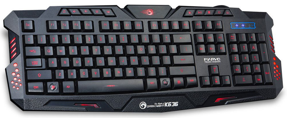 Marvo K636, Black игровая клавиатураK636 Marvo K636, Black игровая клавиатураK636Игровая клавиатура Marvo K636 выдержит нагрузку даже от самых интенсивных игровых состязаний и прослужит вам многие годы. Благодаря легкой конструкции Marvo K636 можно брать с собой на игры по сети и турниры. Нужные сочетания легко найти в процессе игры или даже в темноте - клавиши Marvo K636 снабжены тремя видами подсветки.Встроенные элементы управления аудио и мультимедиа позволяют начать воспроизведение, приостановить его, прекратить либо переключаться между звуковыми дорожками прямо с клавиатуры. Также можно настраивать громкость или отключать звук, не покидая игры.