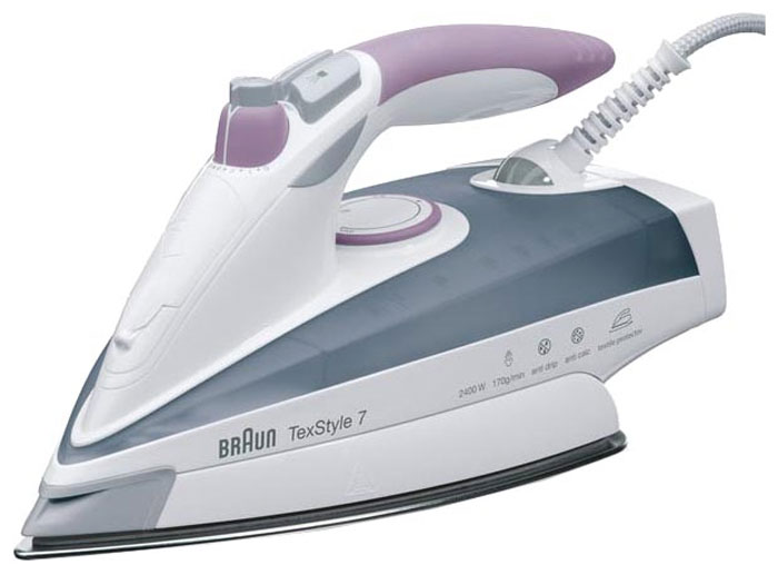 Braun TexStyle TS755A утюг0X12711067 Braun TexStyle TS755A утюг0X12711067Паровой утюг Braun TexStyle TS755A обеспечивает непревзойденный результат глажения даже мелких деталей одежды. Глубоко проникающий пар разглаживает даже самые трудные участки. Высококачественная подошва в сочетании с последними технологиями и современным дизайном гарантирует максимально простое использование утюга и безупречный результат.Высококачественная подошва - это неотъемлемая часть, которая влияет на конечный результат глажения. Braun TexStyle TS755A с уникальной подошвой Saphire в 4 раза прочнее нержавеющей стали, обеспечивает высокую устойчивость к царапинам и обеспечивает отличное скольжение на долгие годы, подошва выглядит как новая. Подошва Saphire настолько прочна, что вы можете чистить ее металлической мочалкой, при этом, не причиняя вреда покрытию. Braun TexStyle TS755A мощностью 2400 Вт обеспечивает эффективный паровой удар по всей подошве. Мощный пар позволяет разглаживать большие участки одежды одним движением. Безупречный результат быстро и просто.Уникальный дизайн парового носика делает глажение труднодоступных мест проще – например воротники, пространство между пуговицами, манжеты, карманы, кружева, там где мелкие складки трудно разгладить, обеспечивает первоклассный результат. Паровой утюг Braun TexStyle TS755A имеет большую емкость для воды объемом 400 мл, для длительного времени глажения без перерыва.Мягкое покрытие ручки гарантирует максимально комфортное и простое использование. Уникальная открытая ручка удобно располагается в руке обеспечивая улучшенную маневренность вашего утюга.