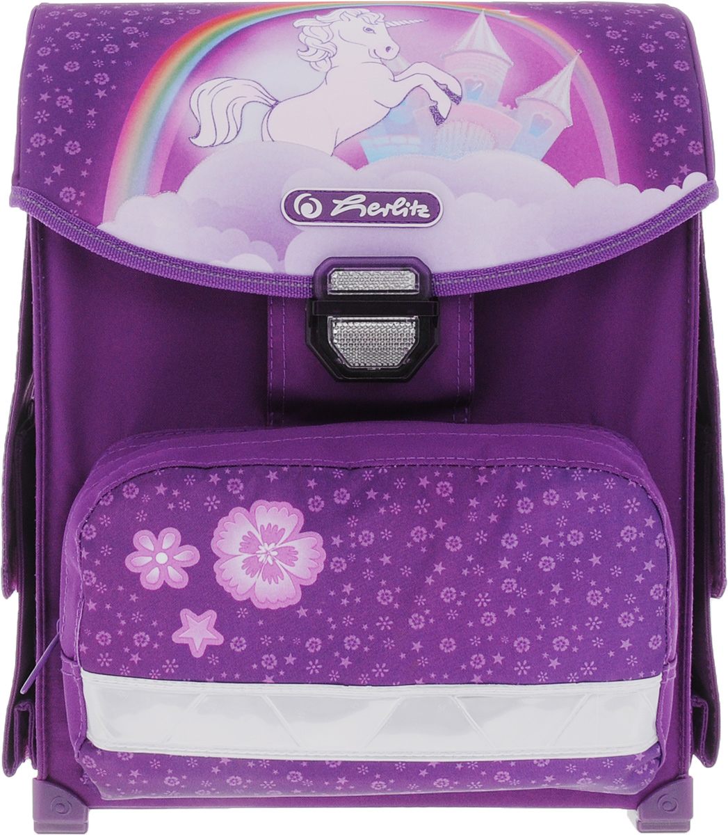 Herlitz Ранец школьный Unicorn11438330 Herlitz Ранец школьный Unicorn11438330Школьный ранец Herlitz Unicorn линейки ранцев Smart выполнен из материалов высшего качества с водоотталкивающей пропиткой.Содержит одно вместительное отделение, закрывающееся клапаном на защелку. Внутри отделения расположена перегородка для тетрадей или учебников. Клапан полностью откидывается, что существенно облегчает пользование ранцем. На внутренней части клапана находится прозрачный пластиковый кармашек, в который можно поместить расписание занятий. Ранец имеет два высоких боковых кармана с клапанами на липучках, которые отлично подойдут для бутылочки с водой. Лицевая сторона ранца оснащена накладным карманом на застежке-молнии. Конструкция спинки дополнена эргономичными подушечками, противоскользящей сеточкой и системой вентиляции для предотвращения запотевания спины ребенка. Мягкие широкие лямки анатомической формы позволяют легко и быстро отрегулировать ранец в соответствии с ростом. Надежная ручка для переноски ранца в руке удобна как для ребенка, так и для его родителей. Высокое прочное дно с пластиковыми ножками обеспечивает ранцу хорошую устойчивость и защиту от загрязнений. Светоотражающие элементы придают дополнительную безопасность в темное время суток.Многофункциональный школьный ранец станет незаменимым спутником вашего ребенка в походах за знаниями. Вес ранца без наполнения: 1 кг. Рекомендуемый возраст: от 6 лет.