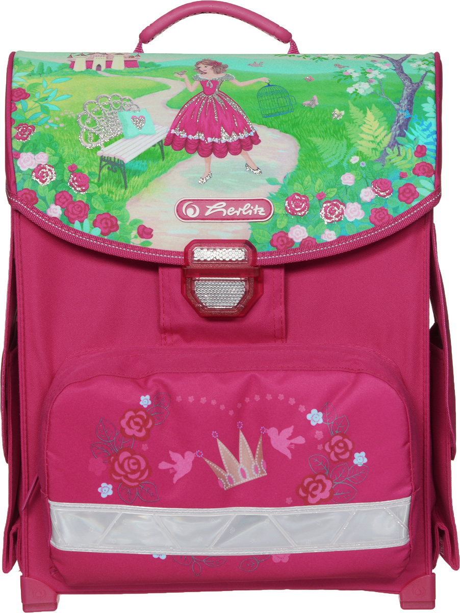 Herlitz Ранец школьный Princess Rosa11438363 Herlitz Ранец школьный Princess Rosa11438363Яркий школьный ранец Herlitz Princess Rosa обязательно привлечет внимание школьницы. Ранец выполнен из материалов высшего качества с водоотталкивающей пропиткой.Содержит одно вместительное отделение, закрывающееся клапаном на удобный защелкивающийся замок со встроенным светоотражателем, который легко открывать и закрывать. Внутри отделения имеется мягкая перегородка для тетрадей или учебников. Клапан полностью откидывается, что существенно облегчает пользование ранцем. На внутренней части клапана находится прозрачный пластиковый кармашек, в который можно поместить расписание занятий. Ранец имеет два боковых кармана, закрывающихся клапанами на липучки. Лицевая сторона ранца оснащена накладным карманом на застежке-молнии, который отлично подойдет для пенала.Конструкция спинки ранца дополнена эргономичными подушечками, противоскользящей сеточкой и системой вентиляции для предотвращения запотевания спины ребенка. Мягкие широкие лямки позволяют легко и быстро отрегулировать изделие в соответствии с ростом. Надежная ручка для переноски ранца в руке удобна как для ребенка, так и для его родителей. Пластиковые ножки на дне ранца обеспечивают хорошую устойчивость и защиту от загрязнений. Светоотражающие элементы придают дополнительную безопасность в темное время суток.Многофункциональный школьный ранец станет незаменимым спутником вашего ребенка в походах за знаниями.Вес ранца без наполнения: 1 кг. Рекомендуемый возраст: от 6 лет.