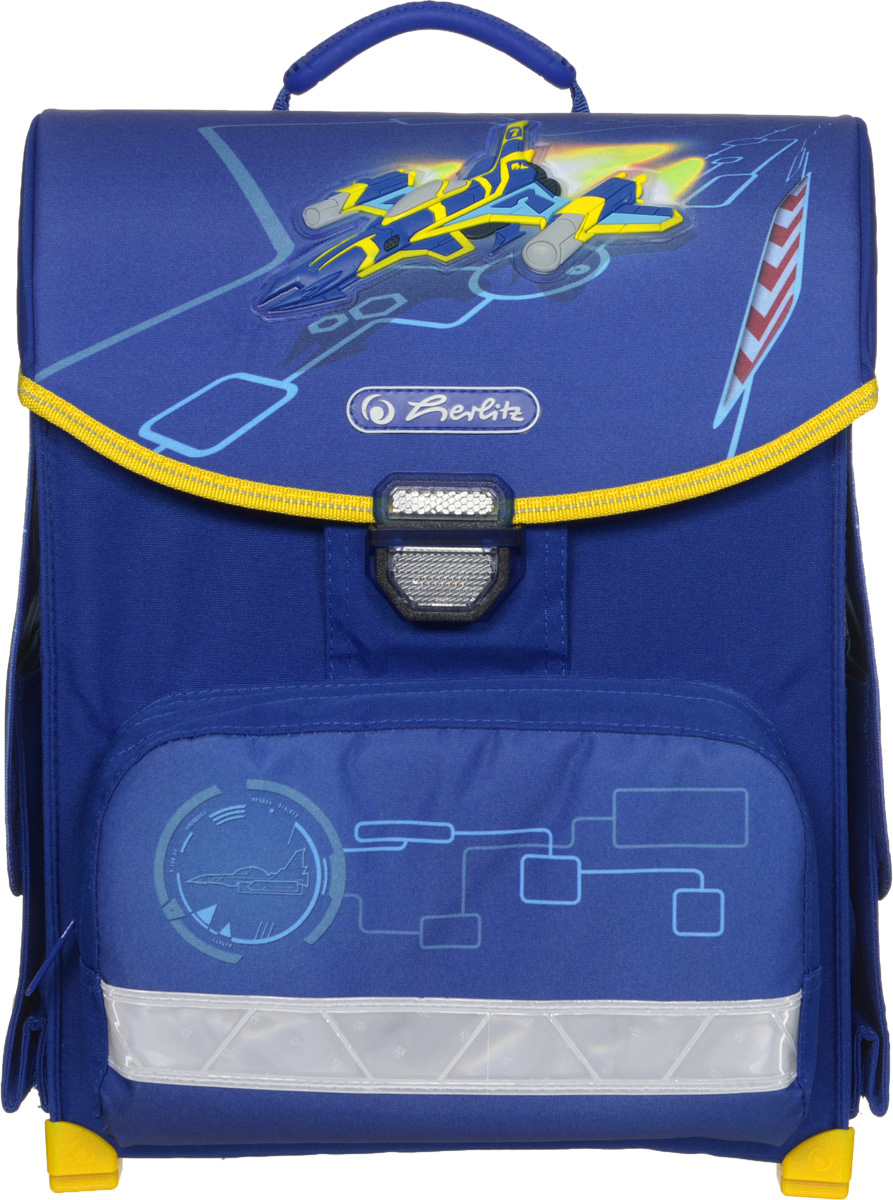 Herlitz Ранец школьный Space Ship11438397 Herlitz Ранец школьный Space Ship11438397Стильный школьный ранец Herlitz Space Ship обязательно привлечет внимание школьника. Выполнен ранец из материалов высшего качества с водоотталкивающей пропиткой и оформлен изображением в виде самолета.Содержит одно вместительное отделение, закрывающееся клапаном на замок-защелку. Внутри отделения имеется мягкая перегородка для тетрадей или учебников. Клапан полностью откидывается, что существенно облегчает пользование ранцем. На внутренней части клапана находится прозрачный пластиковый кармашек, в который можно поместить расписание занятий. Ранец имеет два боковых кармана на липучках. Лицевая сторона ранца оснащена накладным карманом на застежке-молнии. Конструкция спинки дополнена эргономичными подушечками, противоскользящей сеточкой и системой вентиляции для предотвращения запотевания спины ребенка. Мягкие широкие лямки анатомической формы позволяют легко и быстро отрегулировать изделие в соответствии с ростом. Надежная ручка для переноски ранца в руке удобна как для ребенка, так и для его родителей. Пластиковые ножки на дне ранца обеспечивает хорошую устойчивость и защиту от загрязнений. Светоотражающие элементы придают дополнительную безопасность в темное время суток.Многофункциональный школьный ранец станет незаменимым спутником вашего ребенка в походах за знаниями.Вес ранца без наполнения: 1 кг.Рекомендуемый возраст: от 6 лет.