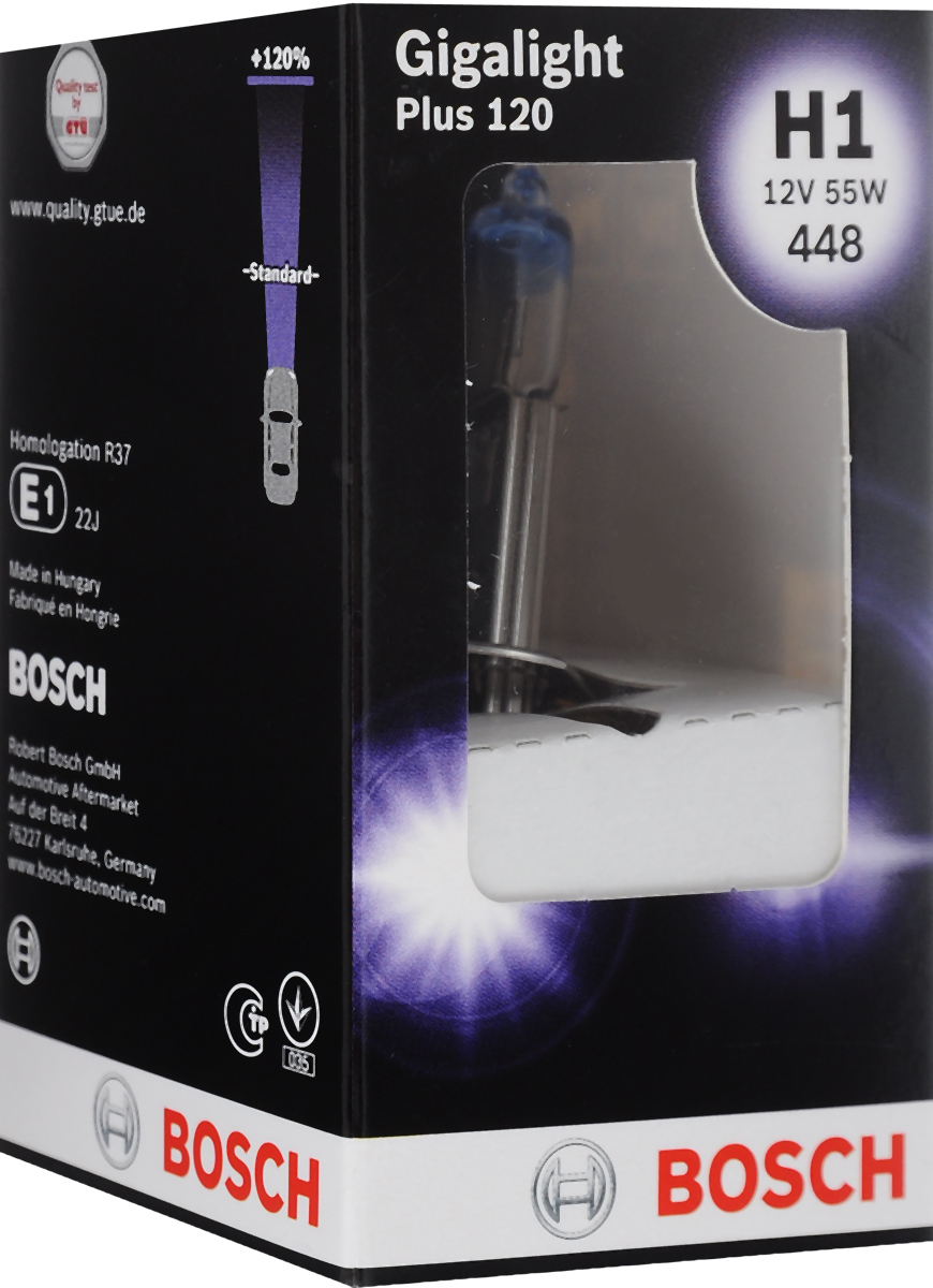 Лампа галогеновая Bosch H1. Gigalight +120, с эффектом ксенонового света, 12V, 55W, 1 шт1987301150 Лампа галогеновая Bosch H1. Gigalight +120, с эффектом ксенонового света, 12V, 55W, 1 шт1987301150Галогеновая лампа Bosch H1. Gigalight +120 - источник света, у которого светящим элементом является вольфрамовая спираль. У лампы есть большой запас срока службы. Способна выдержать большое количество включений и выключений. Питание: 12 В.Номинальная мощность: 55 Вт.