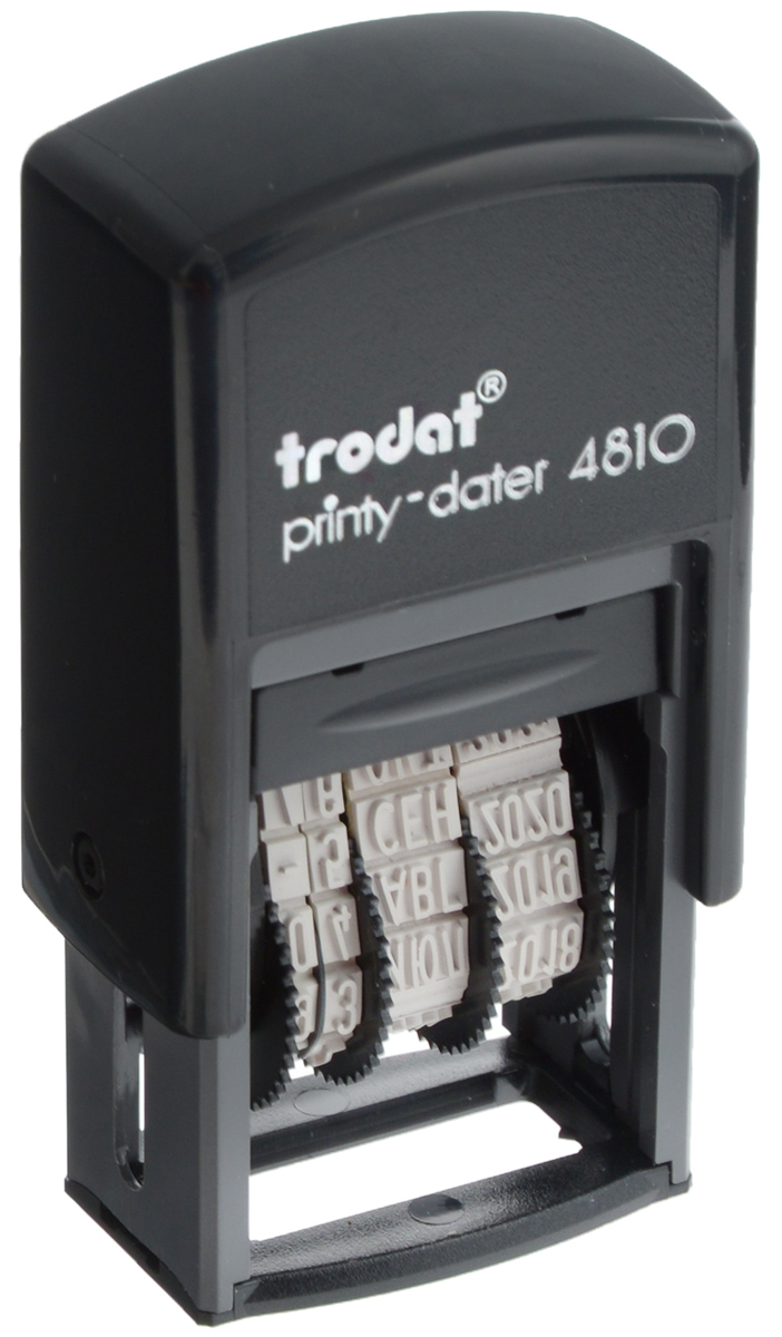 Trodat Мини-датер Printy месяц прописью4810 Trodat Мини-датер Printy месяц прописью4810Компактный мини-датер Trodat Printy с пластиковым корпусом и автоматическим окрашиванием рассчитан на 12 лет, включая текущий год.Установка даты осуществляется с помощью колесиков. Высота шрифта - 3,8 мм. Оттиск однострочный. Месяц указывается прописью.