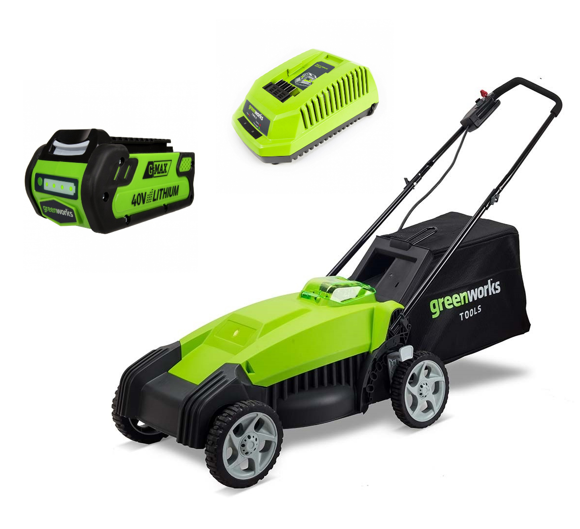 Газонокосилка аккумуляторная Greenworks G-MAX G40LM35, 40 В, 35 см (комплект)4607053880700 Газонокосилка аккумуляторная Greenworks G-MAX G40LM35, 40 В, 35 см (комплект)4607053880700Газонокосилка аккумуляторная Greenworks G-MAX G40LM35 -это полупрофессиональнаямодель для стрижки газонов в домашних хозяйствах.Газонокосилка оборудована системойзащиты двигателя от механических повреждений камнями.Данная модель оснащенатравосборником и обладает функцией мульчирования.Травосборник служит для сбораскошенной травы. Таким образом, предотвращается выгрузкана газон, который выскашиваете. Мульчирующая заглушка, закрывающая заднееразгрузочное отверстие,позволяет ножу косилки измельчать срезанную траву.Удобный 5-ступенчатый рычаг обеспечивает регулировкувысоты скашивания от 32 мм до 85мм. Удобная рукоятка, 6” передние и 7” задние колесапозволят комфортно управлятьгазонокосилкой. Рама газонокосилки имеет складнуюконструкцию, для удобстватранспортировки и хранения. Эта модель моментальноготова к работе нажатием однойкнопки. Благодаря питанию от 40V аккумуляторагазонокосилка обеспечивает долгуюавтономную работу. Данный аккумулятор совместим сдругими устройствами из линейки G- MAX 40V. Для безопасной работы газонокосилка оснащенаключом безопасности.Преимущества:- Работа от 40V аккумулятора совместимого с другимиустройствами из линейки 40V.- Мульчирование, выгрузка в травосборник.- 5-ступенчатый рычаг регулировки высоты скашивания.- 6” передние и 7” задние колеса.- Система защиты двигателя от механических повреждений. - Прорезиненная передняя рукоятка.- Складная конструкция рамы.- Не требует времени для подготовки к работе.- Время автономной работы - 60 минут.Технические характеристики:- Двигатель: щеточный.- Номинальное напряжение: 40 В.- Ширина скашивания: 35 см.- Объем травосборника: 40 л.- Высота скашивания: 32-85 мм.- Скорость вращения вала: 3600 об/мин.- Вес: 14,5 кг.В комплект входит G-MAX 40V аккумулятор 2 А.ч (арт. 29717) иG-MAX 40V зарядное устройство(арт. 2904607).