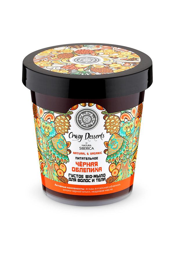 Natura Siberica Crazy Desserts био-мыло для волос и тела Черная облепиха 450 мл086-15-36497 Natura Siberica Crazy Desserts био-мыло для волос и тела Черная облепиха 450 мл086-15-36497Сила природного алтайского золота и дикая энергия тайги соединены в густом bio-мыле. Активные компоненты этого уникального универсального мыла интенсивно питают и насыщают кожу и волосы необходимыми витаминами. Ягоды алтайской облепихи - настоящее северное золото, которое глубоко питает и восстанавливает кожу и волосы, делая их сильными и здоровыми. Отвар из шишек черной ольхи богат витаминами и микроэлементами, которые тонизируют и эффективно увлажняют, даря коже и волосам заряд жизненных сил. Кедровое масло - настоящий природный кладезь витаминов и питательных веществ, которые восстанавливают и омолаживают кожу и волосы, смягчая их.