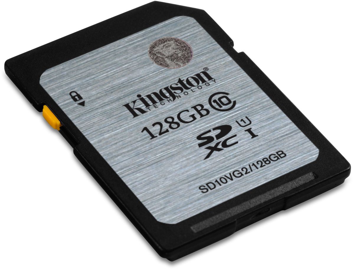 Kingston SDXC Class 10 UHS-1 128GB карта памятиSD10VG2/128GB Kingston SDXC Class 10 UHS-1 128GB карта памятиSD10VG2/128GBКарта памяти Kingston SDXC Class 10 UHS-1 поможет вам в достижении высокой скорости съемки фотографий и записи видео в формате Full HD без задержек. Данная модель имеет все основные защитные функции от Kingston: водонепроницаемый корпус, ударостойкость и виброустойчивость, защиту от рентгеновских аппаратов в аэропортах и экстремальных температур.
