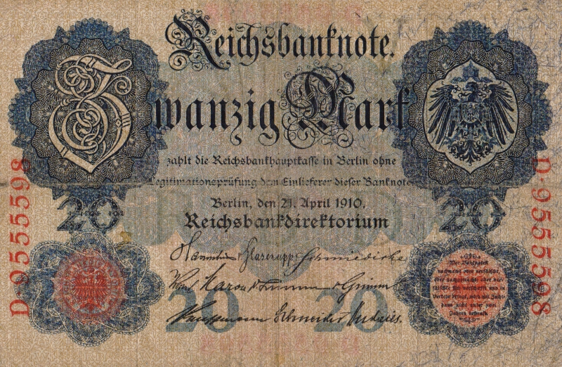Банкнота номиналом 20 марок. Германия. 1910 год