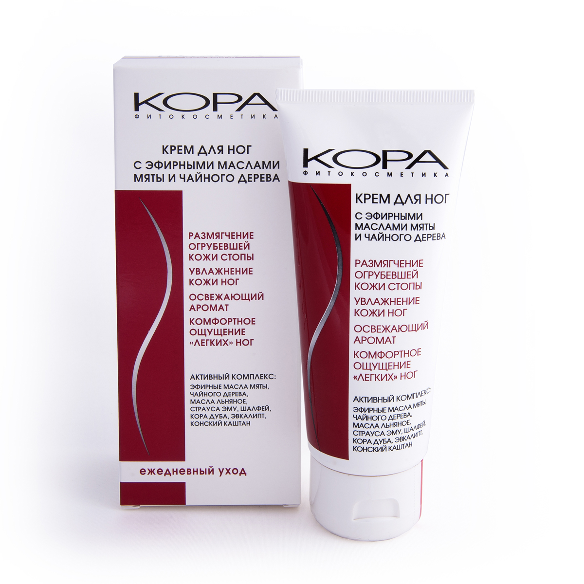 KORA Крем для ног, с эфирными маслами мяты и чайного дерева, 100 мл4504 KORA Крем для ног, с эфирными маслами мяты и чайного дерева, 100 мл4504Уникальный состав крема, включающий оригинальный комплекс натуральных ингредиентов, смягчает, увлажняет, дезодорирует кожу, придавая ей приятный освежающий аромат, уменьшает ощущение усталости и тяжести в ногах. Регулярное применение крема снижает опасность появления трещин на ступнях и огрубелости кожи, делает кожу ног мягкой и гладкой. Эфирные масла мяты и чайного дерева увлажняют, охлаждают, освежают, тонизируют кожу, устраняют неприятный запах при повышенной потливости ступней. Эвкалипт, шалфей, кора дуба, способствуют заживлению потертостей, мелких трещин на ступнях, активизируют защитные свойства кожи.Конский каштан обладает выраженным тонизирующим свойством, способствует уменьшению проницаемости капилляров, снимает ощущение тяжести в ногах. Льняное масло - рекордсмен по содержанию полиненасыщенных жирных кислот, являясь идеальным природным компонентом для ухода за кожей. Обладает уникальной проникающей способностью, размягчает огрубевшие роговые наслоения кожи ступней. Масло страуса эму - высокоэффективный натуральный продукт, обладающий уникальными терапевтическими и проникающим свойствами. Оказывает смягчающее, восстанавливающее действие.Применение: утром и вечером массажными движениями наносить крем на чистую сухую кожу ног, не исключая промежутки между пальцами. Характеристики:Объем: 100 мл. Артикул: 4504. Производитель: Россия. Товар сертифицирован.