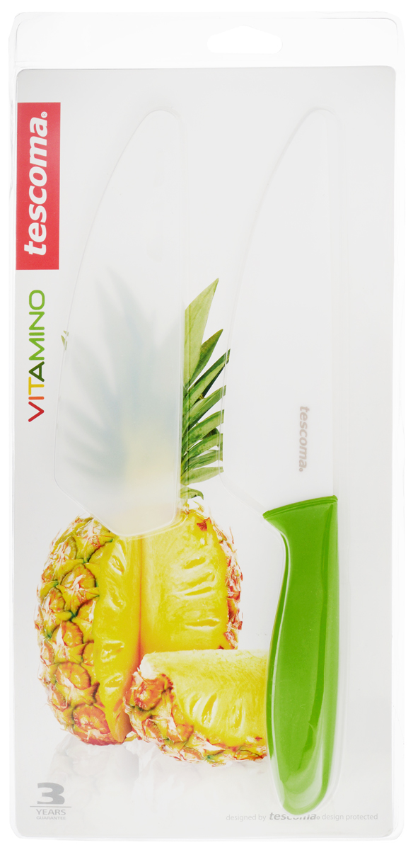Нож керамический Tescoma Vitamino, с чехлом, цвет: зеленый, длина лезвия 15 см642722_зеленый Нож керамический Tescoma Vitamino, с чехлом, цвет: зеленый, длина лезвия 15 см642722_зеленыйНож Tescoma Vitamino с керамическим лезвием отлично подходит для повседневного использования. Керамическое лезвие бережно относится к нарезаемым продуктам, овощи и фрукты не вянут, не темнеют, продукты не изменяют вкус и запах и дольше сохраняют свежесть. Закругленный кончик устойчив к повреждениям. Пластиковая ручка имеет нескользящую поверхностью. В комплект входит защитный чехол для безопасного хранения.Можно мыть в посудомоечной машине.Общая длина ножа: 26,5 см.Длина лезвия: 15 см.