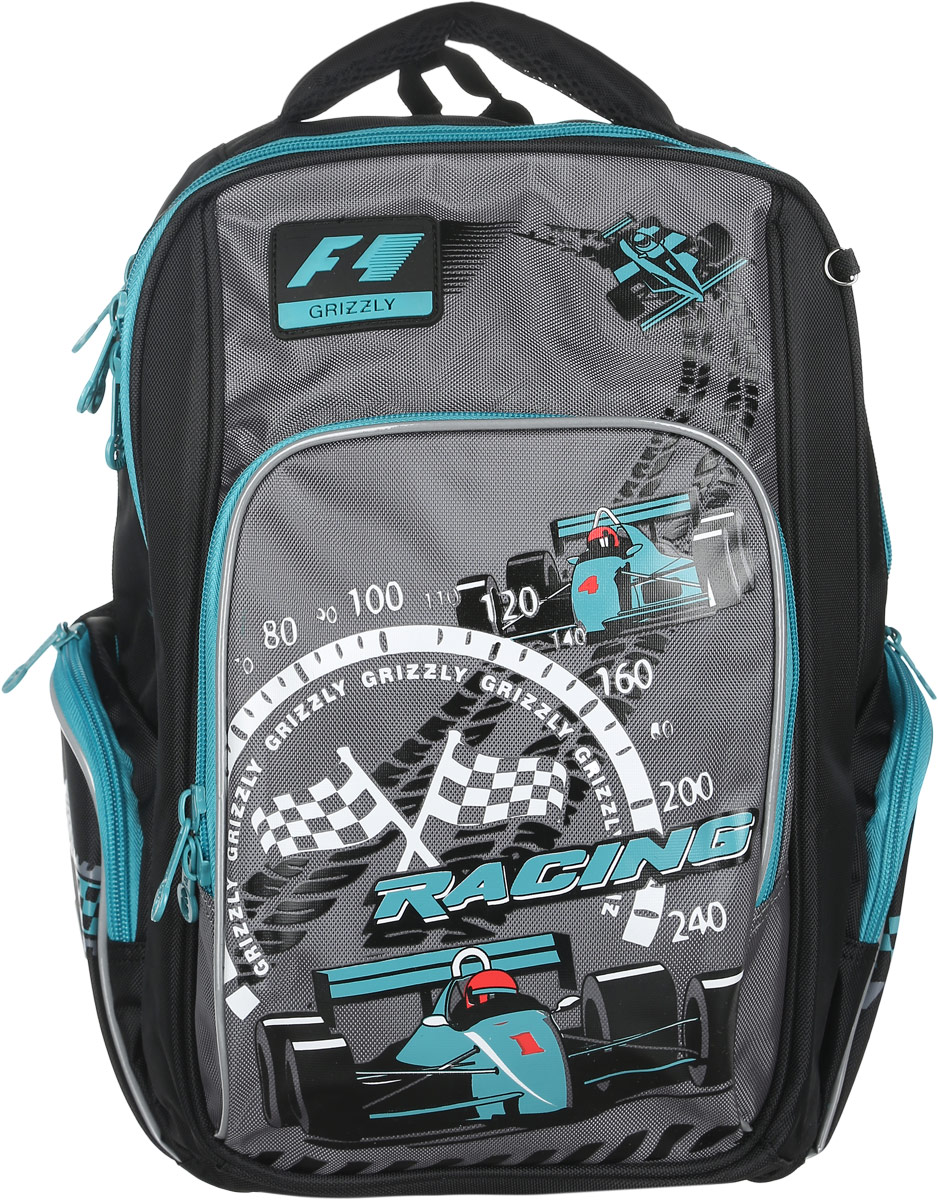 Grizzly Рюкзак детский Racing цвет черный бирюзовыйRB-630-1/2 Grizzly Рюкзак детский Racing цвет черный бирюзовыйRB-630-1/2Детский рюкзак Grizzly Racing сочетает в себе современный дизайн, функциональность и долговечность. Рюкзак выполнен из плотного материала и оформлен оригинальным изображением.Рюкзак имеет два основных отделения на застежках-молниях с двумя бегунками. Отделения никаких карманов не содержат.На лицевой стороне рюкзака располагается накладной карман на молнии, внутри которого находится открытый карман-сетка.По бокам рюкзака расположены два кармана на застежках-молниях. Рюкзак оснащен петлей для подвешивания и удобной текстильной ручкой для переноски в руке.Широкие регулируемые лямки и сетчатые мягкие вставки на спинке рюкзака предохранят мышцы спины ребенка от перенапряжения при длительном ношении. Светоотражающие вставки существенно повышают безопасность ребенка на дороге.Этот рюкзак можно использовать для повседневных прогулок, учебы, отдыха и спорта, а также как элемент вашего имиджа.Рекомендуемый возраст: от 11 лет.