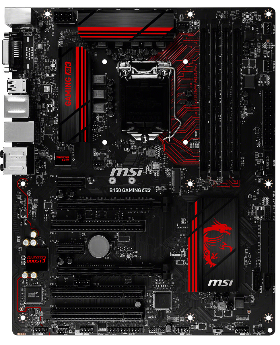 MSI B150 GaminG M3 материнская платаB150 GAMING M3 MSI B150 GaminG M3 материнская платаB150 GAMING M3Чтобы стать мастером в играх вам потребуется достаточно мощная система. Игровая материнская плата MSI B150 GaminG M3 для энтузиастов специально отмечены индексом M, означающим Мастер, чтобы подчеркнуть выдающийся дизайн, а также помочь вам перейти на следующий уровень в гейминге.В традиционных схемо-технических решениях, сигналы памяти зачастую искажаются в результате воздействия электромагнитных помех от других компонентов. Это приводит к замедлению и появлению нестабильности в работе системы. MSI представляет технологию DDR4 Boost с оптимизированной разводкой дорожек платы и полностью изолированными электрическими цепями памяти. Это гарантирует отсутствие искажений в сигналах памяти, оптимальную производительность и стабильность.Дополнительный светодиодный индикатор XMP LED сигнализирует об активном режиме Extreme Memory Profile для лучшей производительности и стабильности.Приготовьтесь разбить ваших врагов на поле боя вместе с MSI GAMING LAN. Для MSI GAMING LAN используются специальные компоненты, чтобы обеспечивать лучший онлайн гейминг без тормозов.Интеллектуальная сетевая платформа Killer E2400 разработана специально для увеличения производительности в онлайн играх и работы с высококачественным потоковым контентом. Технология Killer LAN автоматически определяет и ускоряет игровой трафик по отношению к другим сетевым потокам для более плавной динамики и отсутствия тормозов в играх.Разработанный специально для онлайн игр с возможностью управления и приоритизации сетевого игрового трафика с минимальной задержкой, MSI GAMING LAN Manager автоматически определяет и устанавливает приоритет для онлайн игровых приложений.LAN Protect представляет собой LAN коннектор и обеспечивает защиту сети от электрических разрядов величиной до 15 КВ, защищая от ударов молнии и статического электричества. Светящийся встроенные светодиод красного цвета встроенный в коннектор RJ45, сигнализирует о работоспособности устройства.С Audio Boost 3, в сочетании с программным обеспечением Nahimic Sound Technology, обеспечивают высочайшее качество звука благодаря использованию наилучших аудио компонентов. Наслаждайтесь кристально чистым звуком и музыкой с 8-канальным HD аудио или через студийные наушники с высоким сопротивлением.Аудио технологии Nahimic заслужили свою славу благодаря высокому качеству и точности передачи звука в проектах из области военной промышленности и аэронавтики. Nahimic предоставляет виртуальный акустический 7.1-канальный звук в высоком разрешении используя уникальное стерео-оборудование.С удобно расположенными пин-коннекторами USB 3.1 Gen 1 на материнских платах MSI, вы можете вывести прямо на переднюю панель своего корпуса до 2-х портов USB 3.1 Gen 1. Это позволит вам с легкостью пользоваться высокоскоростными USB устройствами без необходимости иметь дело с труднодоступными портами на задней части компьютера.Фронтальные порты USB 3.1 Gen 1 на материнских платах MSI защищены комплексом защитных IC, чтобы предотвратить короткие замыкания и иной урон от электростатических разрядов, возникающих иногда при подключении/отключении USB устройств.SATA Express - это новый интерфейс для высокоскоростных накопителей, работающий на шине PCI Express, обеспечивающий большую пропускную способность до 16 Гб/с для новейших SSD.M.2 не требует ни кабелей питания не сигнальных кабелей. Разъем M.2 – это разъем для подключения HDD/SSD следующего поколения.Встроенная в материнскую плату защита от высоких токов, предотвращает возникновение коротких замыканий, повреждений процессора и других компонентов. Красный светодиодный индикатор, расположенный рядом с разъемом питания 24-пин, сигнализирует о перегрузке по току и срабатывании соответствующей защиты.MSI EZ Debug LED - простой инструмент для диагностики неполадок, использующий 4 светодиодных индикатора, отображающих работу Процессора / Памяти / Видеокарты / Загрузка каждый раз, когда вы загружаете систему. Столкнулись с проблемами? Индикаторы помогут быстро найти источник неполадок, чтобы как можно скорее вернуться к работе.Лучший производитель игровых аксессуаров, компания SteelSeries официально подтвердила, что материнские платы и другая продукция серии GAMING от компании MSI, имеют сертификат SteelSeries Certified (SSC). Высококачественные игровые аксессуары от SteelSeries - клавиатуры, мыши и другие - будут работать на продуктах MSI GAMING лучше всего!Эта материнская плата поддерживает AMD CrossFire. Оптимальное расположение слотов PCI-Express позволяет воздушным потокам внутри корпуса значительно лучше охлаждать компоненты компьютера. Вы можете наслаждаться лучшей графикой с высочайшей частотой кадров при использовании AMD CrossFire.Большой размер и вес современных видеокарт могут зачастую становиться причиной изогнутых или сломанных слотов PCI Express. Встречайте VGA Armor. Усиленные слоты PCI Express имеют большее количество точек пайки и имеют большую жесткость. Вам больше не следует волноваться о повреждении слотов.Узнайте больше об улучшенном, завоевавшем многочисленные награды CLICK BIOS 5, а также используйте новый BIOS, чтобы получить максимум производительности в ваших играх. MSI CLICK BIOS 5- это самый современный UEFI БИОС, оптимизированный для работы с Windows 10.Управляйте системой с помощью двух режимов: Режим EZ - для наиболее часто используемых настроек и функций. Расширенный режим - для тонкой настройки и получения максимальной производительности.Игровой порт MSI (Gaming Device Port) специально оптимизирован для подключения высокоскоростных игровых мышей, позволяющий полностью использовать их возможности. Вы можете полностью настроить скорость опроса при помощи легкого в использовании приложения Mouse Master. Это позволяет получить быстрый и более плавный контроль в играх.Получите RAMDisk с неограниченным использованием бесплатно (обычная цена $35) при покупке материнской платы серии MSI GAMING. С приложением RAMdisk вы можете создавать виртуальные диски в оперативной памяти, делая при этом скорость работы с диском в 25 раз быстрее по сравнению с современными SSD. Вы можете загружать полные образы игр, ускорять работу браузера или работать с файлом подкачки значительно увеличивая производительность! При использовании RAMDisk, вы также продлеваете срок службы вашего SSD, поскольку тем самым снижается количество ненужных циклов чтения записи с диска.