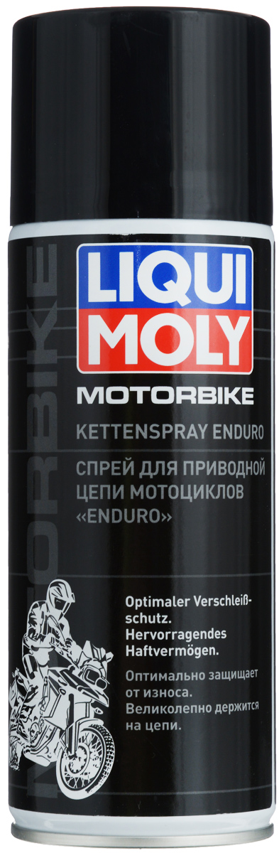 Спрей для приводной цепи мотоцикла Liqui Moly Enduro, 400 мл (293 г)7608 Спрей для приводной цепи мотоцикла Liqui Moly Enduro, 400 мл (293 г)7608Спрей для приводной цепи мотоцикла Liqui Moly Enduro - высококачественная синтетическая жароустойчивая смазка, отлично держащаяся на цепи. Благодаря великолепной проникающей способности она оптимально проникает в звенья цепи. Содержащиеся белые твердые смазочные вещества не только гарантируют надежный контроль при нанесении, но и отличную защиту от износа в пыльной или загрязненной среде. Спрей пригоден для всех типов цепей, как и с 0-кольцами, так и без.Состав: лигроин (легкий гидрированный), пентан, базовое масло, полимеры, твердый смазывающий компонент, обработанный водородом легкий лигроин, пропеллент: пропан, бутан, ноу-хау компании. Товар сертифицирован.