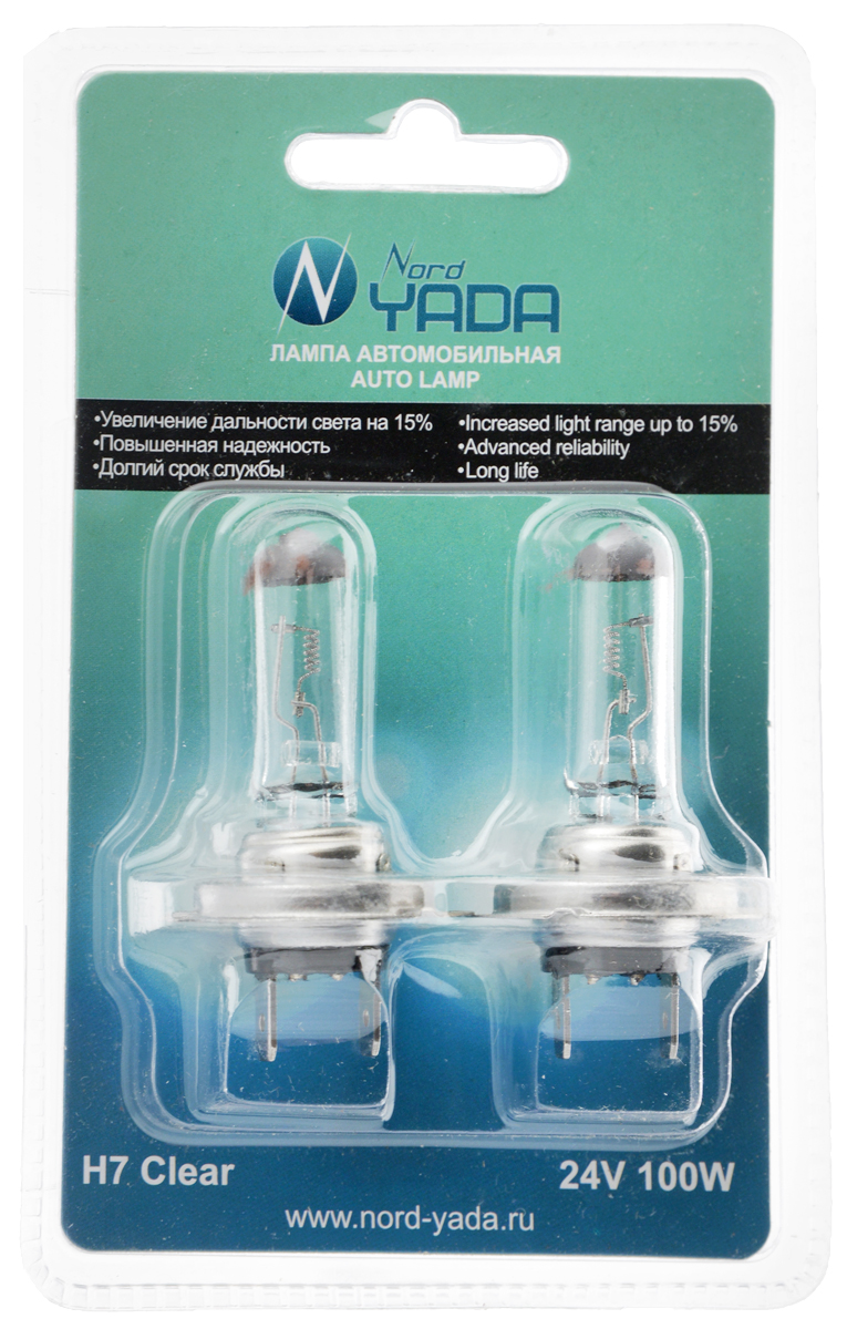Лампа автомобильная галогенная Nord Yada Clear, цоколь H7, 24V, 100W, 2 шт903165 Лампа автомобильная галогенная Nord Yada Clear, цоколь H7, 24V, 100W, 2 шт903165Автомобильные галогенные лампы Nord Yada Clear - источники света, у которых светящим элементом является вольфрамовая спираль. У ламп есть большой запас срока службы. Способны выдержать большое количество включений и выключений. Питание: 12 В.Номинальная мощность: 100 Вт.В комплекте 2 лампы.