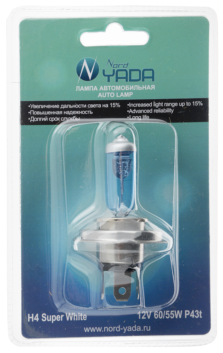 Лампа автомобильная галогенная Nord Yada Super White, цоколь H4 P43t, 12V, 55/60W902604 Лампа автомобильная галогенная Nord Yada Super White, цоколь H4 P43t, 12V, 55/60W902604Автомобильная галогенная лампа Nord Yada Super White - источник света, у которого светящим элементом является вольфрамовая спираль. У лампы есть большой запас срока службы. Способна выдержать большое количество включений и выключений. Питание: 12 В.Номинальная мощность: 55/60 Вт.