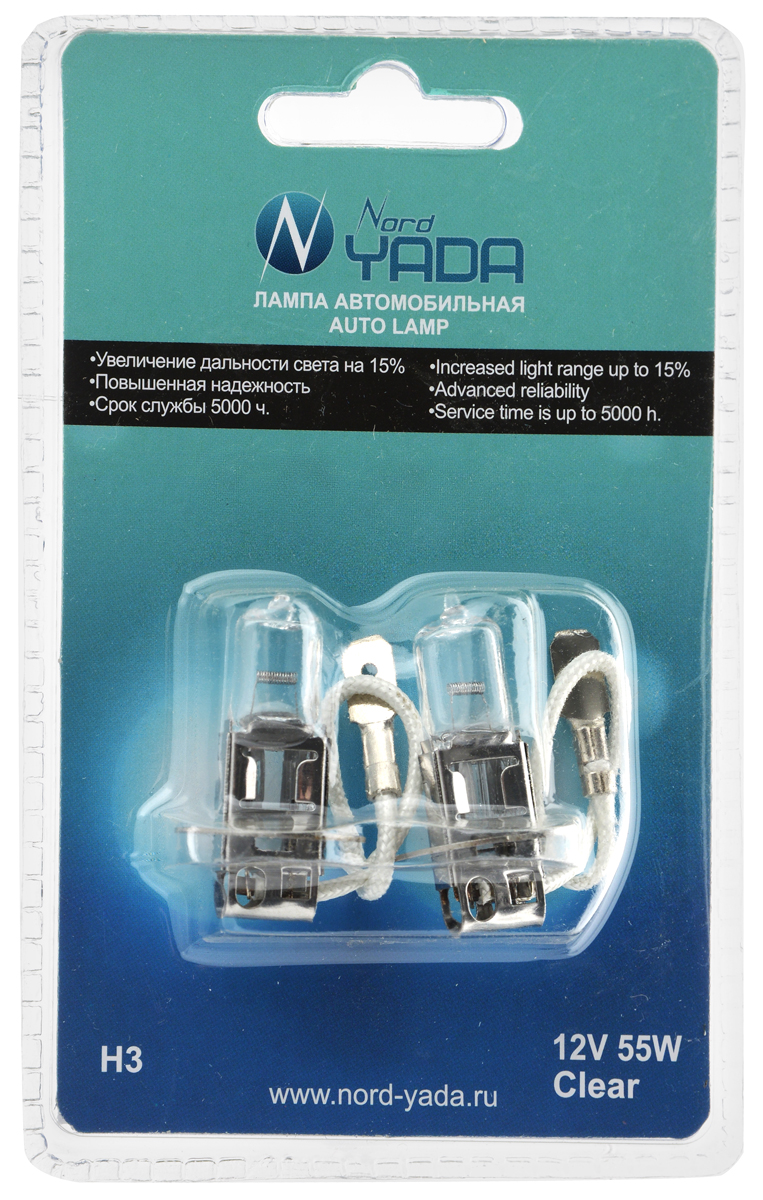 Лампа автомобильная галогенная Nord Yada Clear, цоколь H3, 12V, 55W, 2 шт. 902229902229 Лампа автомобильная галогенная Nord Yada Clear, цоколь H3, 12V, 55W, 2 шт. 902229902229Автомобильные галогенные лампы Nord Yada Clear - источники света, у которых светящим элементом является вольфрамовая спираль. У ламп есть большой запас срока службы. Способны выдержать большое количество включений и выключений. Питание: 12 В.Номинальная мощность: 55 Вт.В комплекте 2 лампы.